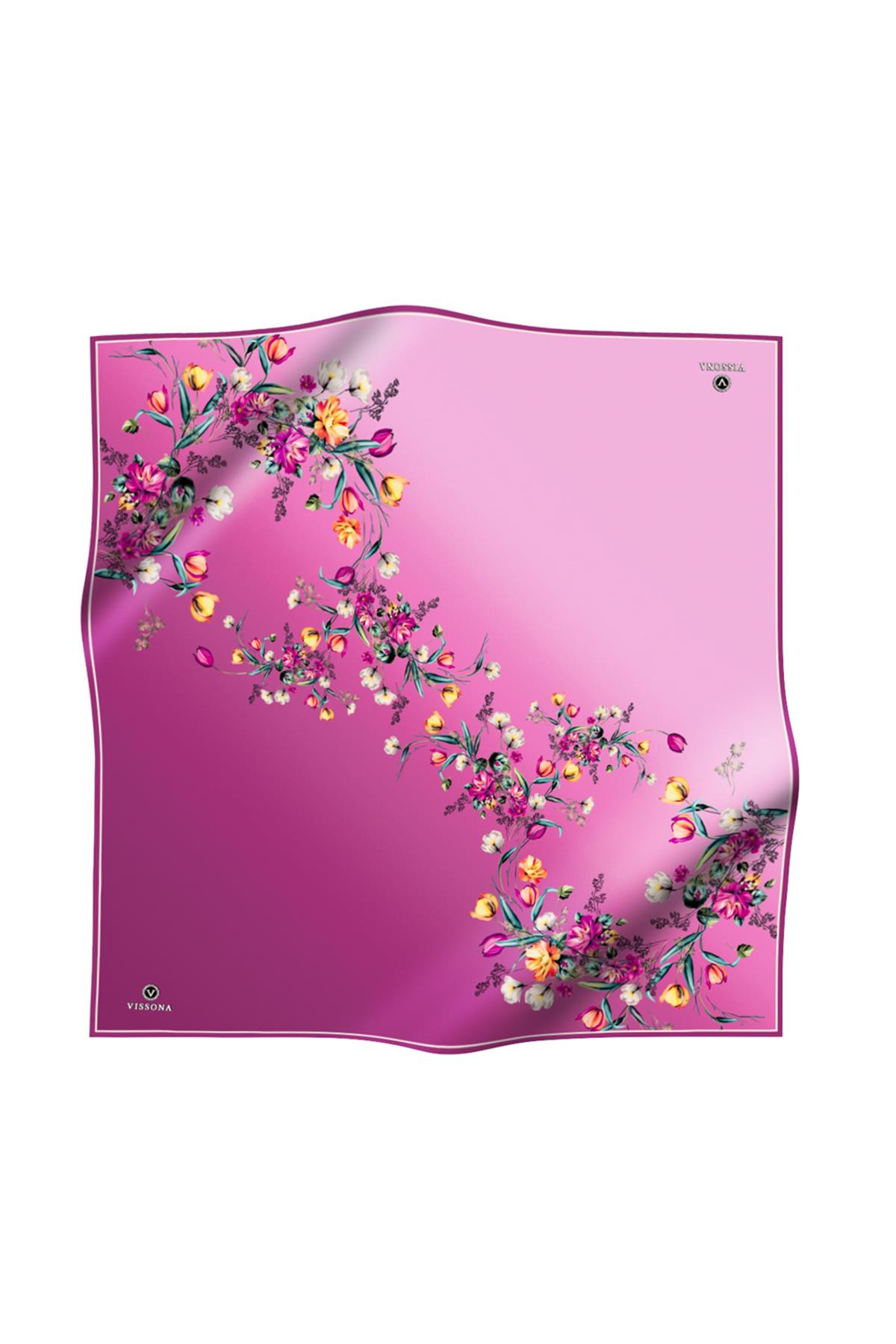 %100 Twill İpek Sonsuz Çiçek Desenli Pembe Renkli 90x90 Eşarp Dikim Şekli : El Dikişi