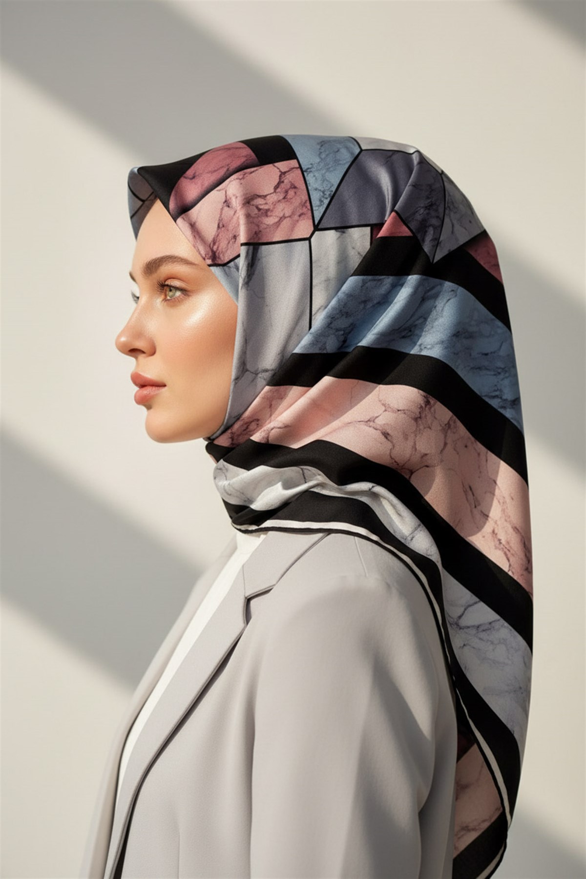 %100 Twill İpek Geometrik Mermer Desenli Pudra - Siyah Renkli 90x90 Eşarp Dikim Şekli : El Dikişi