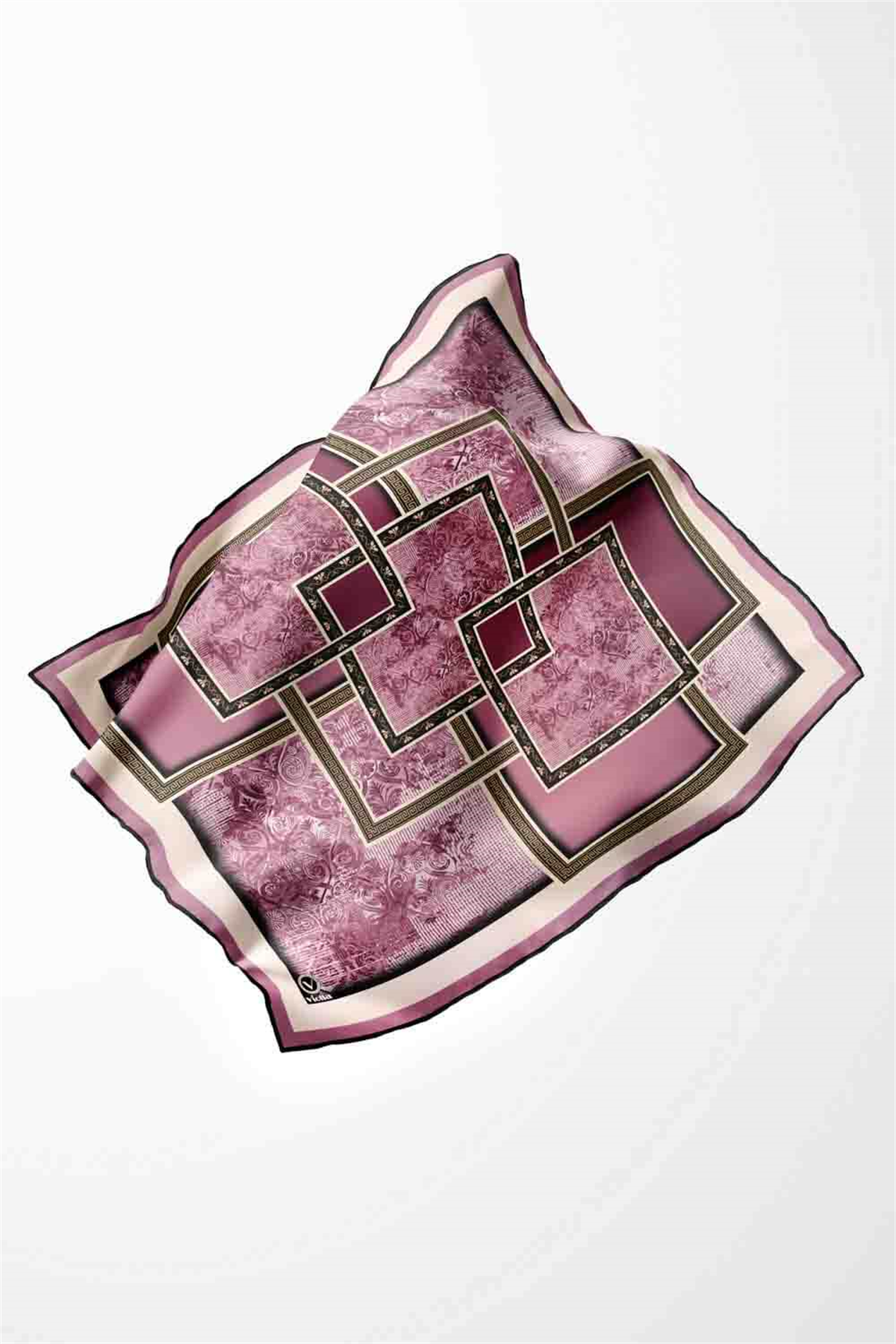 Twill Geometrik Desenli Mürdüm Renkli 90x90 Eşarp (İpek İçermez) Kenar Dikiş Şekli El Dikişli