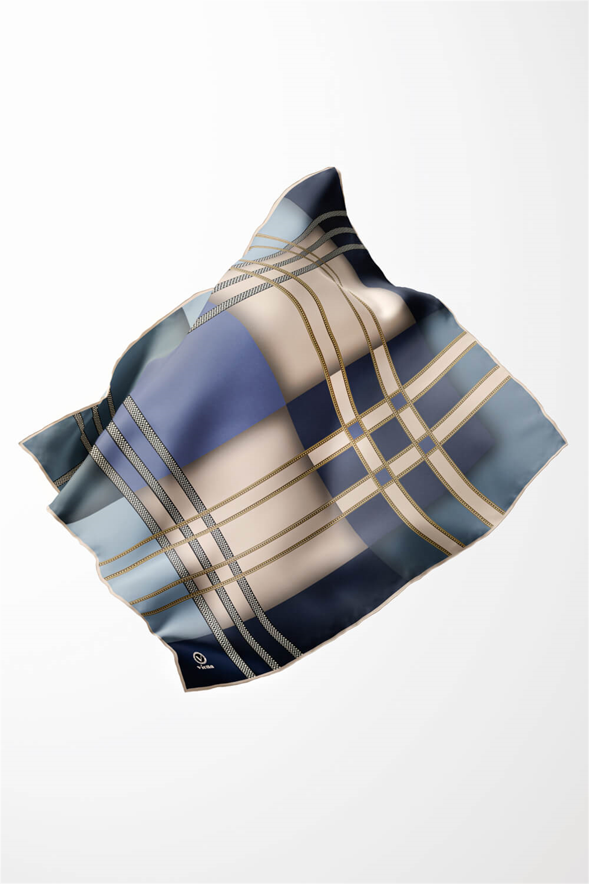Twill Geometrik Desenli Bebe Mavisi Renkli 90x90 Eşarp (İpek İçermez) Kenar Dikiş Şekli El Dikişli