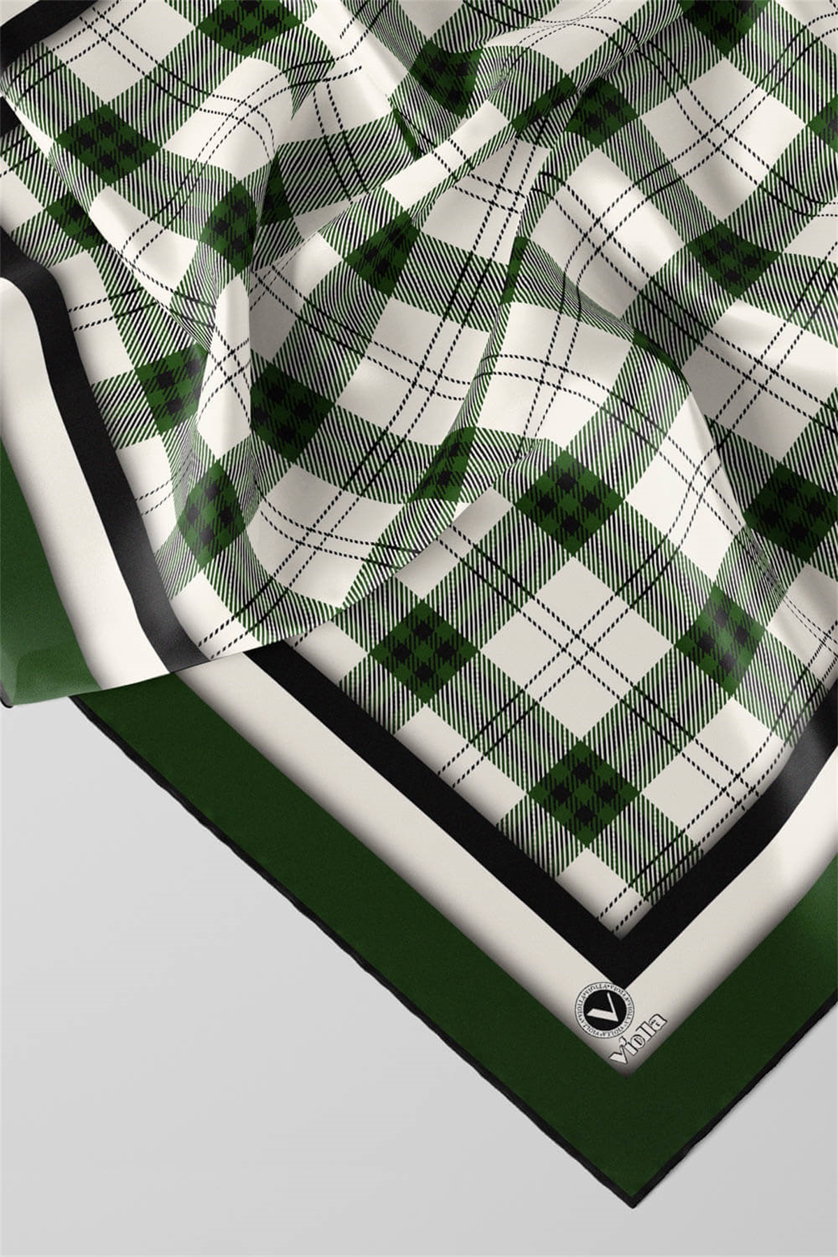 Twill Ekose Desenli Zümrüt Yeşili Renkli 90x90 Eşarp (İpek İçermez) Kenar Dikiş Şekli El Dikişli