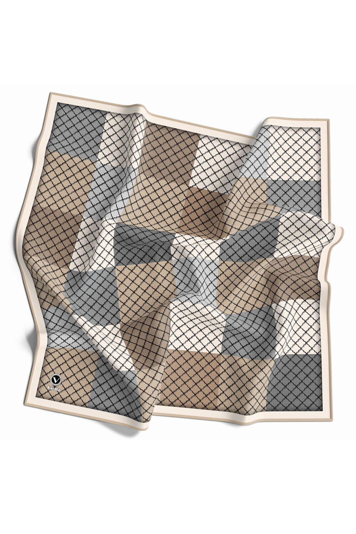 Twill Kare Desenli Bej Renkli 90x90 Eşarp (İpek İçermez) Kenar Dikiş Şekli El Dikişli