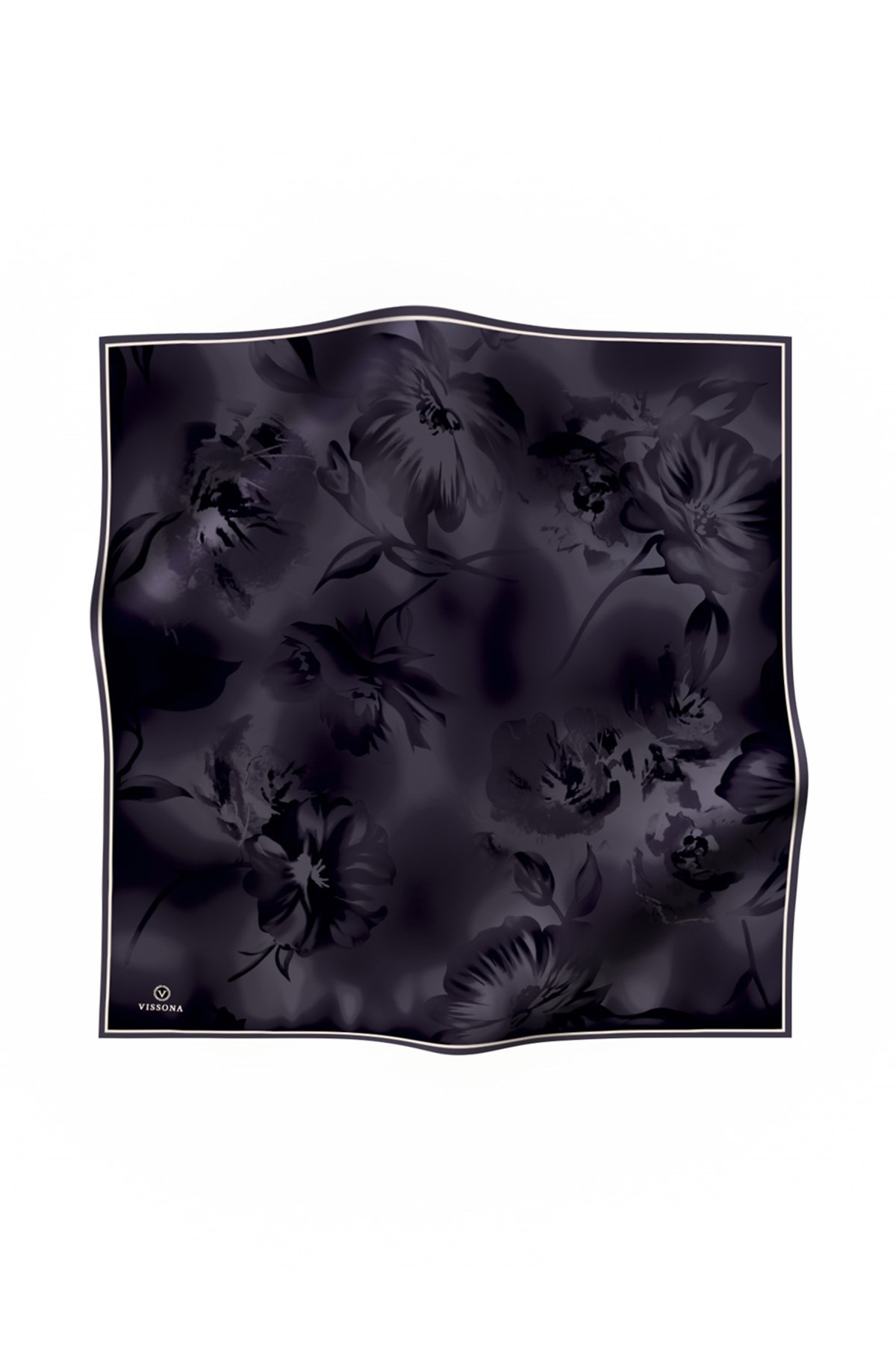 100% Twill İpek Çiçek Desenli Füme Renkli 90x90 Dikim Şekli : El Dikişi Eşarp
