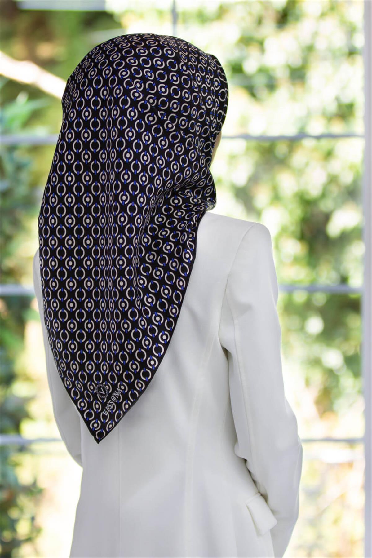 %100 Twill İpek Zincir Desenli Siyah - Saks Renkli 90x90 Eşarp Kenar Dikiş Şekli El Dikişli