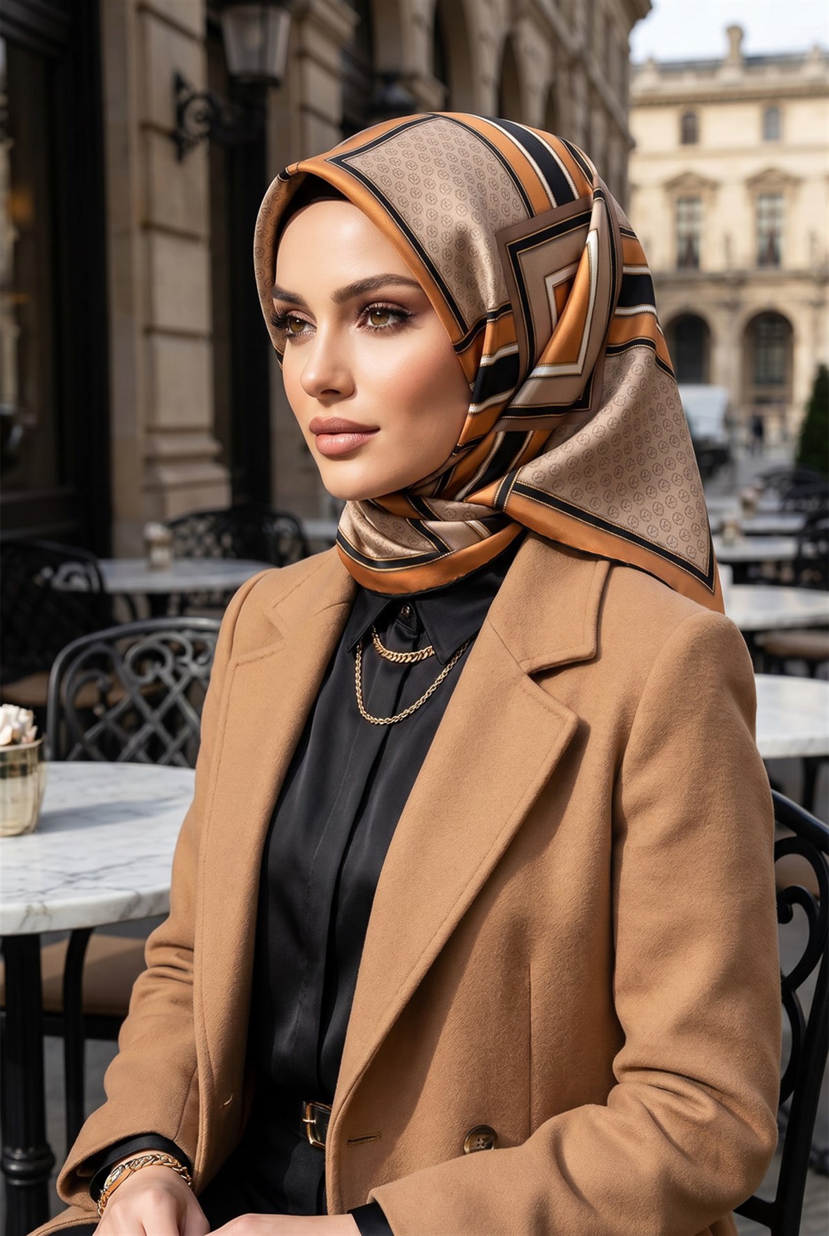 %100 Twill Geometrik Monogram Desenli Gold - Bej Renkli 90x90 Eşarp Kenar Dikiş Şekli : El Dikişli