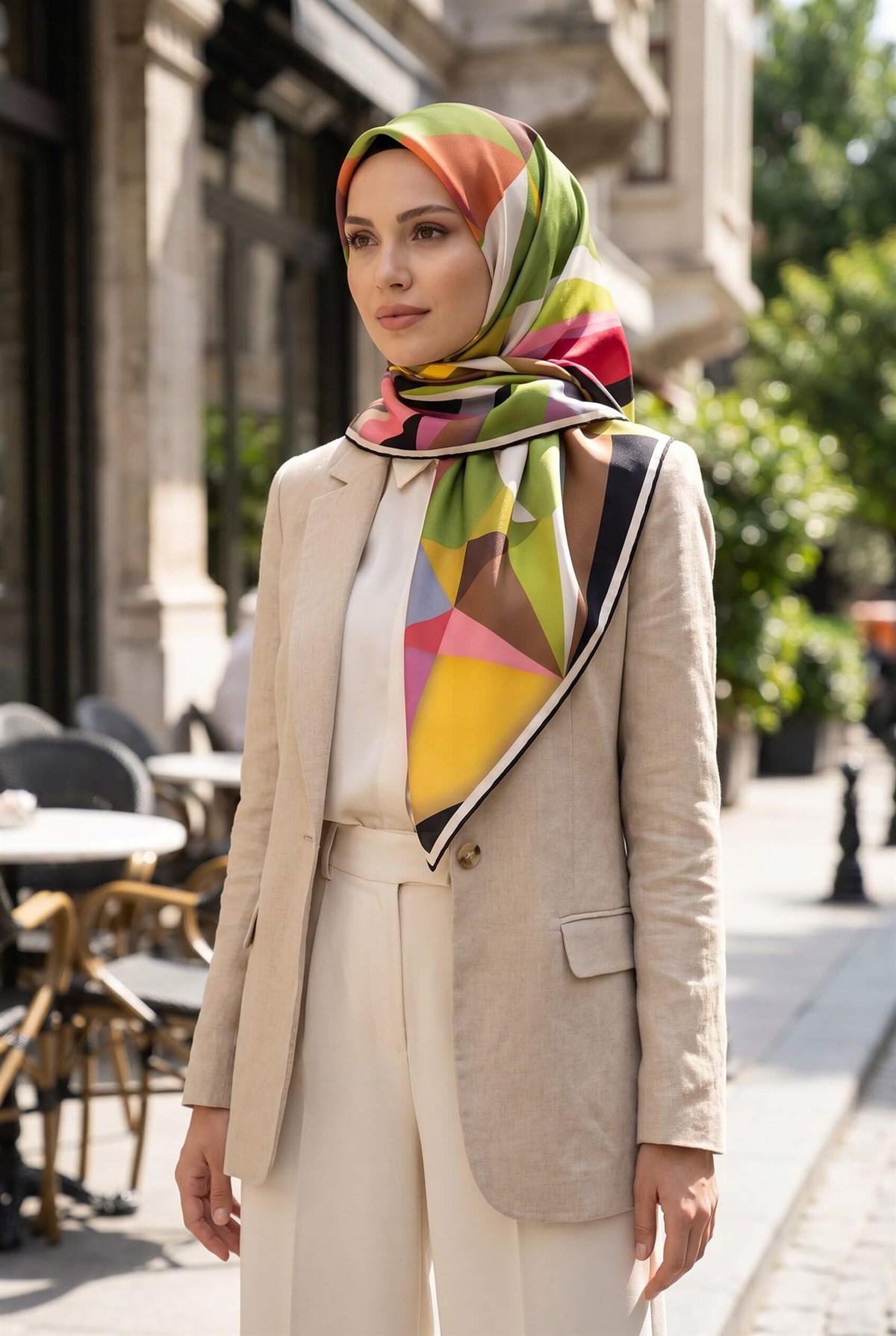 %100 Twill İpek Geometrik Desenli Fıstık Yeşili Renkli 90x90 Eşarp Dikim Şekli : El Dikişi