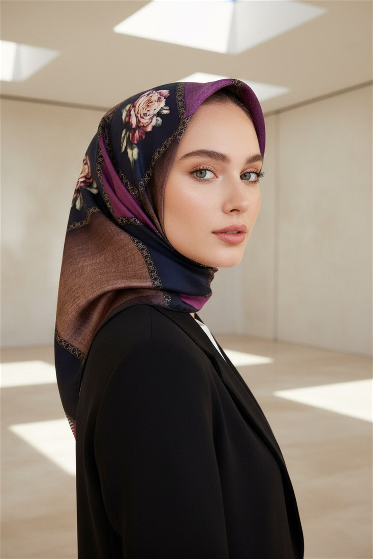 %100 Twill İpek Dokulu Çiçekli Ve Geometrik Desenli Lacivert - Mürdüm Renkli 90x90 Eşarp Dikim Şekli : El Dikişi