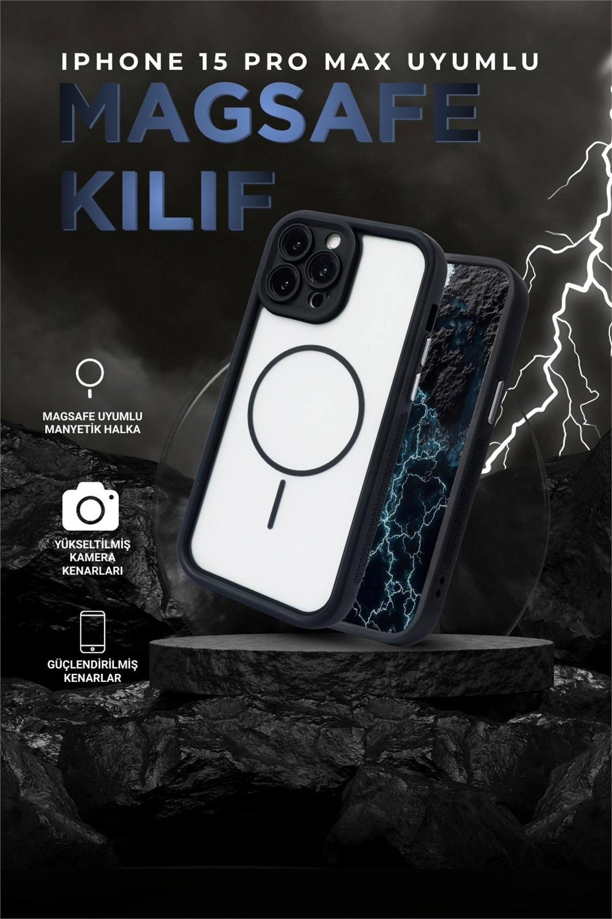 iPhone 15 Pro Max Kılıf – Kamera Korumalı – MagSafe Uyumlu – Siyah Renk – Mat Silikon Telefon Kılıfı