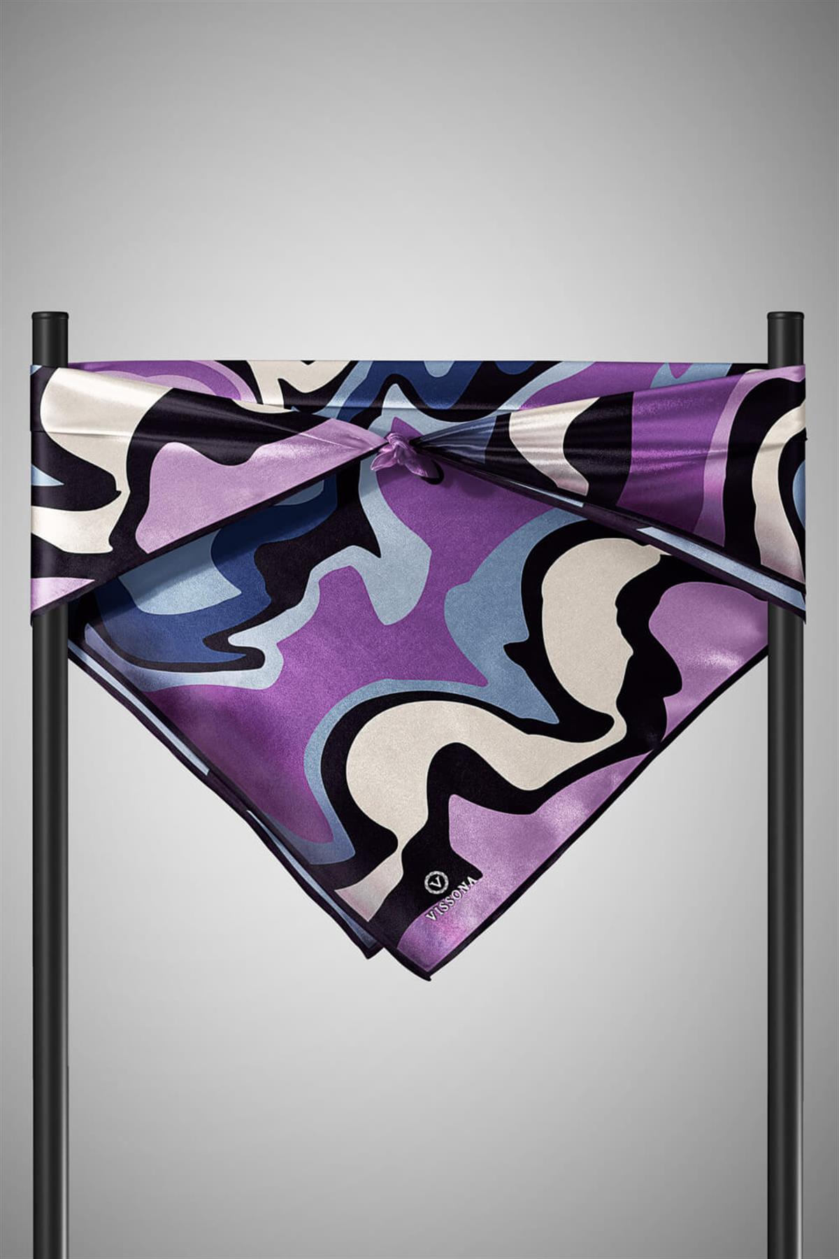 100% Twill İpek Dalga Desenli İndigo - Lila Renkli 90x90 Dikim Şekli : El Dikişi Eşarp