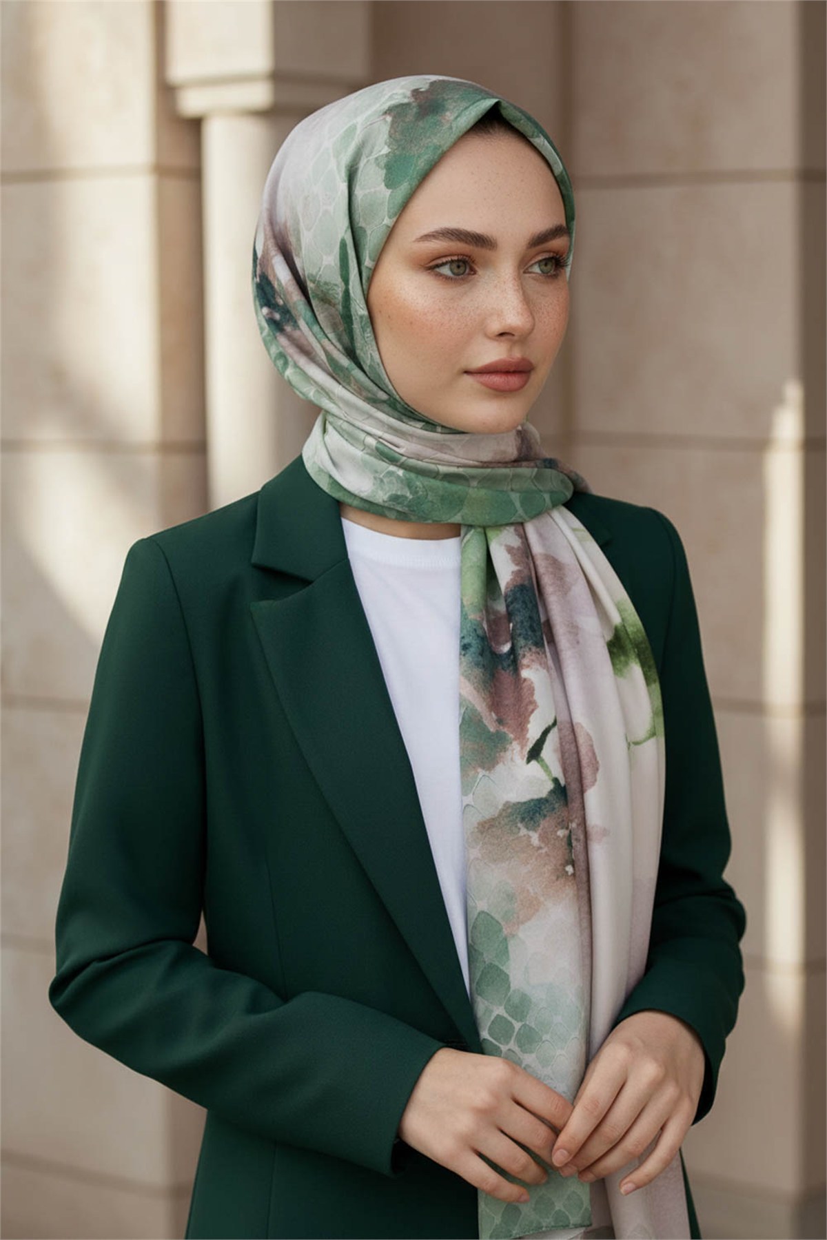 KREP SULU BOYA ÇİÇEK DESENLİ PETROL YEŞİLİ RENKLİ 75X195 KIRIŞMAZ ŞAL