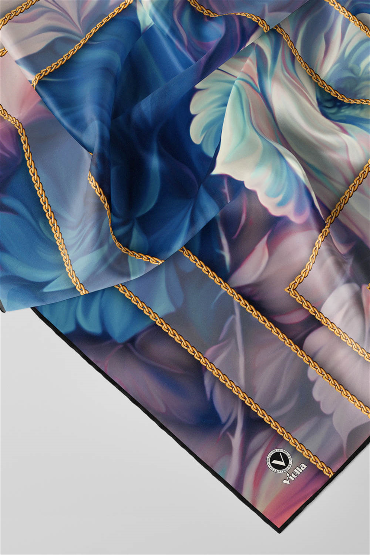 Twill Gül Desenli Bebe Mavisi - Pudra Renkli 90x90 Eşarp (İpek İçermez) Kenar Dikiş Şekli El Dikişli
