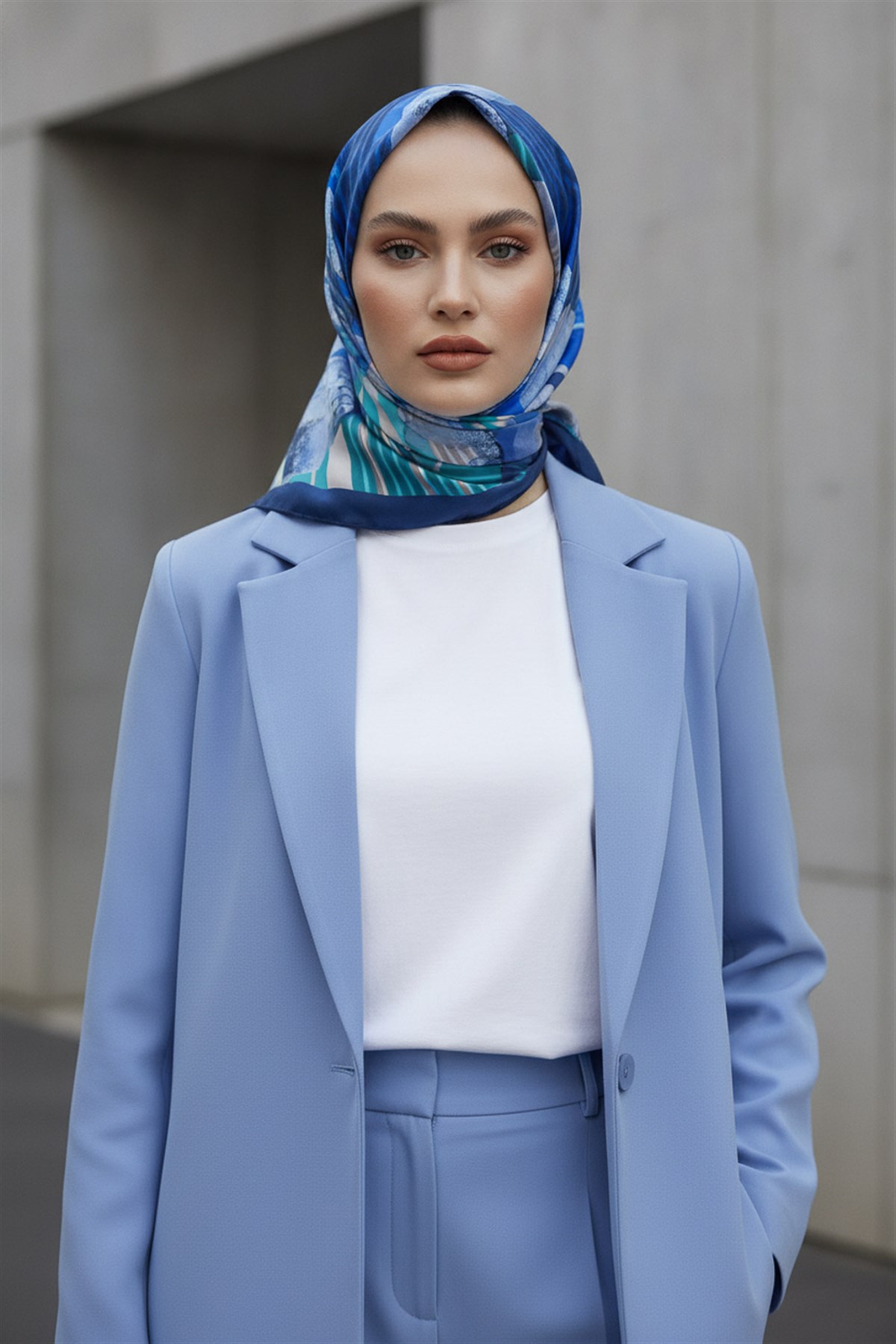%100 Twill İpek Geometrik Desenli Saks - Mint Yeşili Renkli 90x90 Eşarp Dikim Şekli : El Dikişi