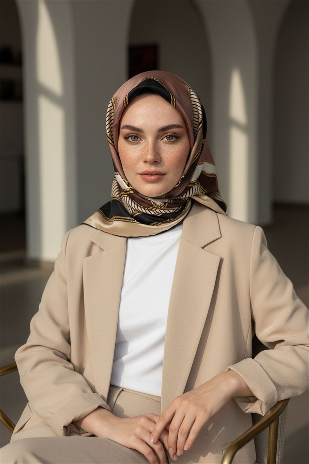 %100 Twill İpek Zincir Detaylı Geometrik Desenli Bej - Vizon Renkli 90x90 Eşarp Dikim Şekli : El Dikişi
