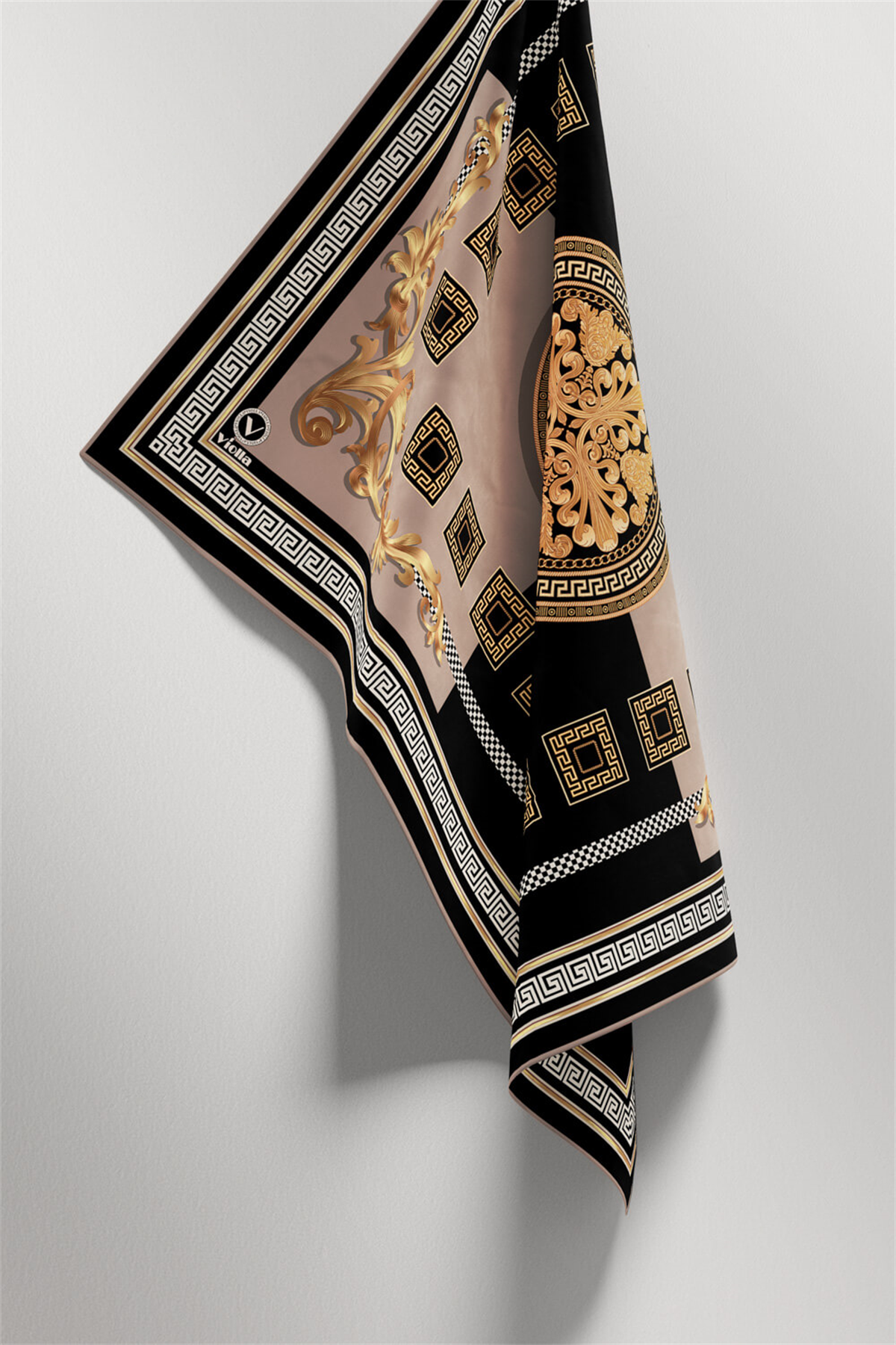 Twill Barok Desenli Bej Renkli 90x90 Eşarp (İpek İçermez) Kenar Dikiş Şekli El Dikişli