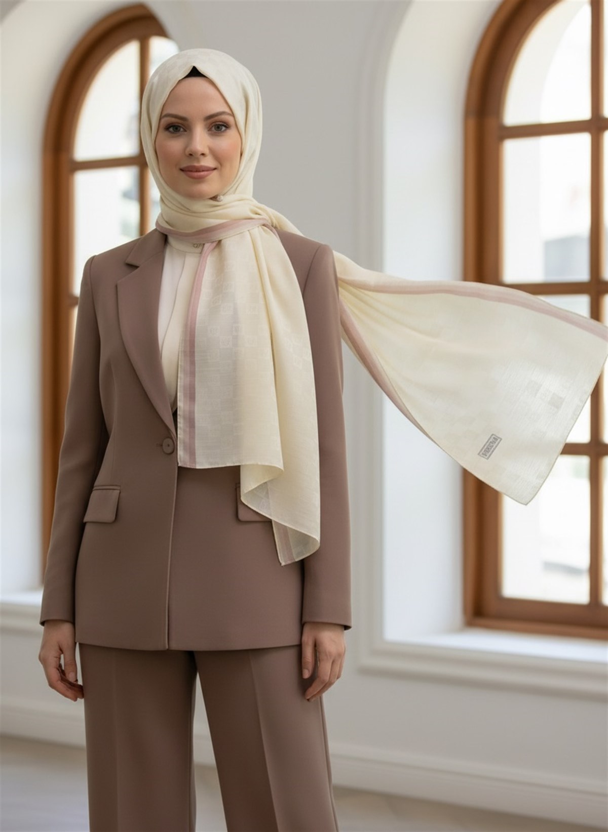 %57 İpek %43 Pamuk Monagram Dokumalı Krem-Pudra Renkli 70X190 Yumuşak Dökümlü Şal
