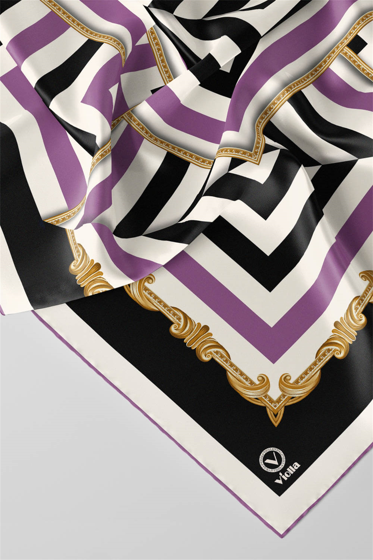 Twill Geometrik Desenli Lila Renkli 90x90 Eşarp (İpek İçermez) Kenar Dikiş Şekli El Dikişli