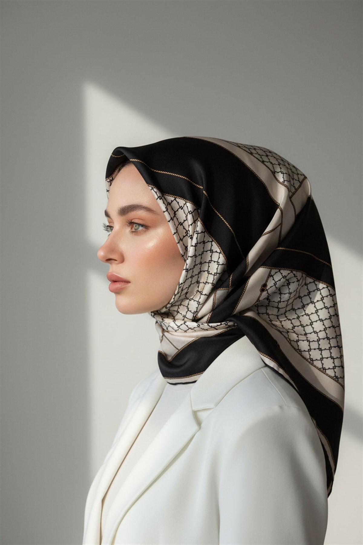 %100 Twill İpek Geometrik Desenli Siyah - Krem Renkli 90x90 Eşarp Dikim Şekli : El Dikişi