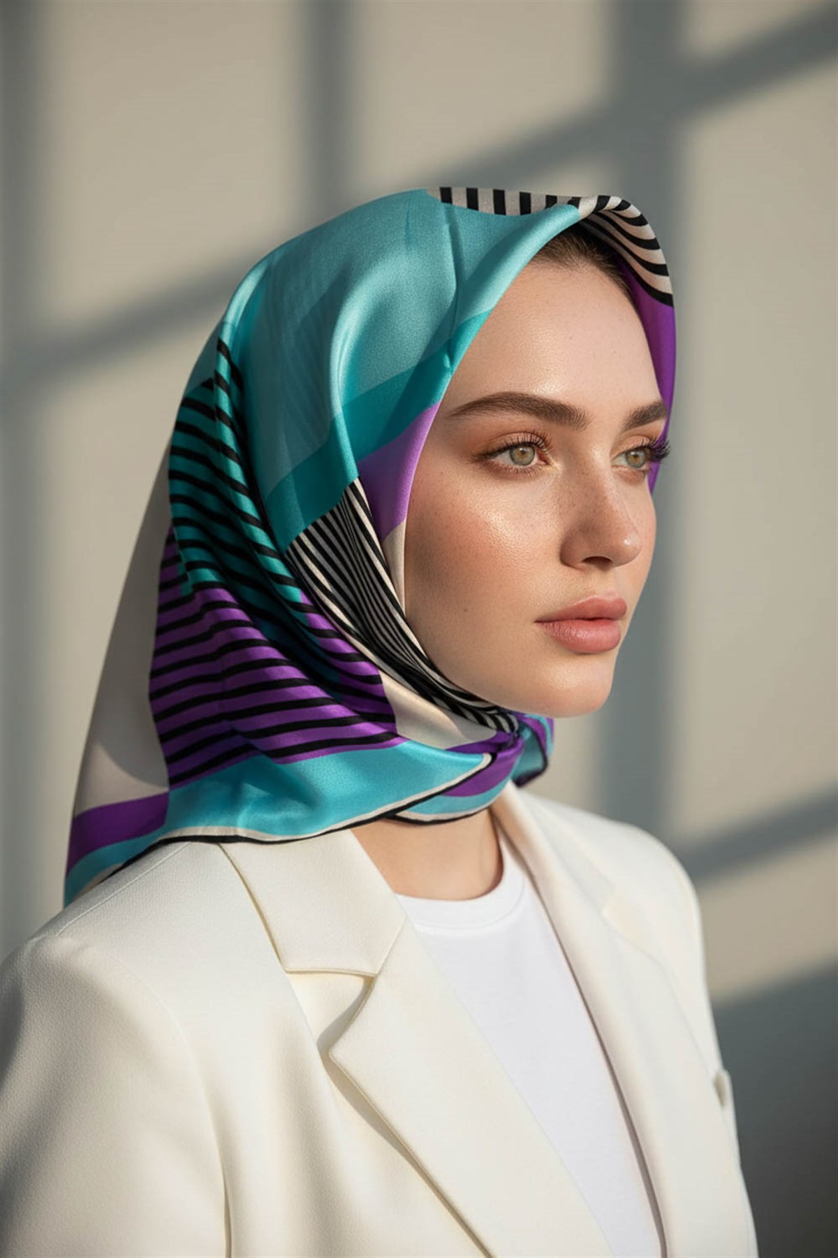 100% Twill İpek Geometrik Desenli Mint Yeşili - Lila Renkli 90x90 Dikim Şekli : El Dikişi Eşarp