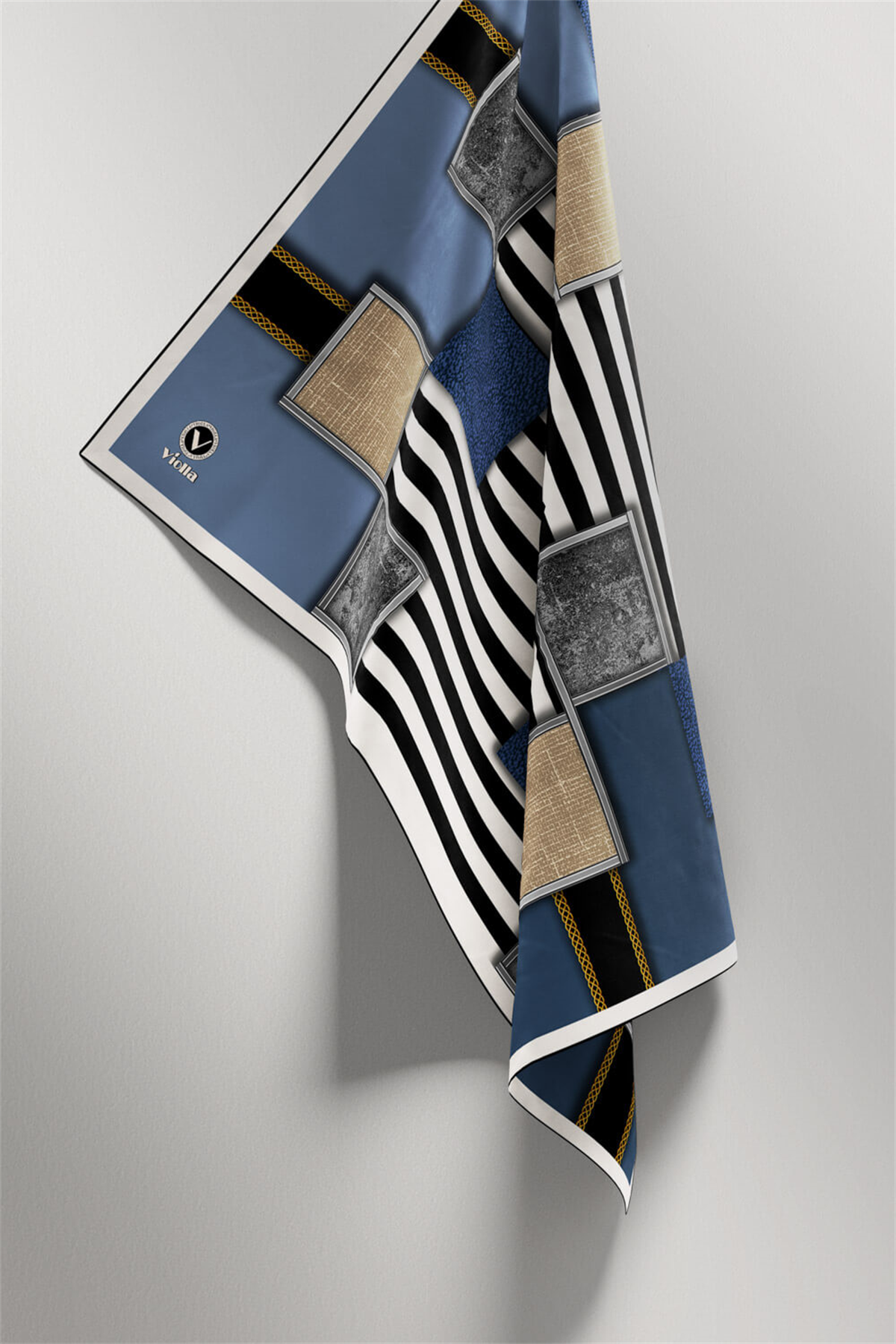 Twill Geometrik Ve Çizgili Desenli İndigo Renkli 90x90 Eşarp (İpek İçermez) Dikim Şekli : El Dikişi
