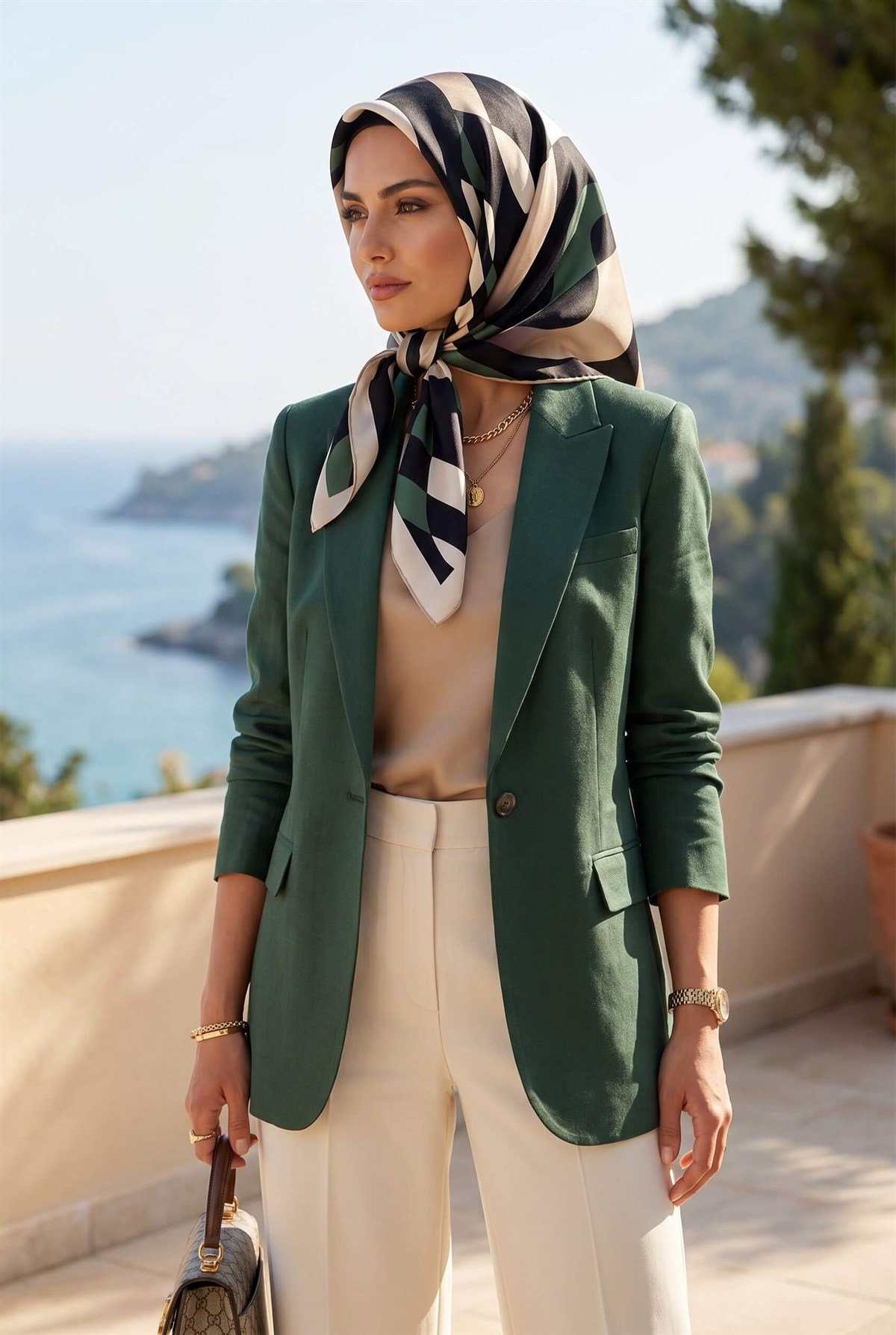 %100 Twill İpek Geometrik Desenli Petrol Yeşili - Bej Renkli 90x90 Eşarp Dikim Şekli : El Dikişi