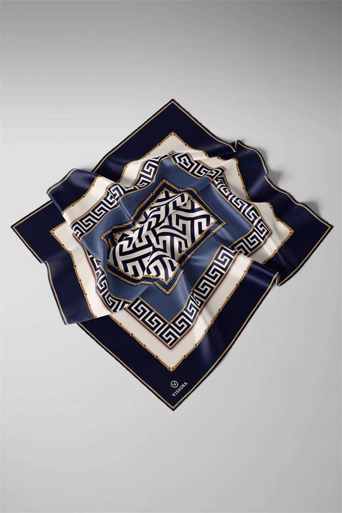 %100 Twill İpek Labirent Ve Geometrik Desenli Lacivert - İndigo Renkli 90x90 Eşarp Dikim Şekli : El Dikişi