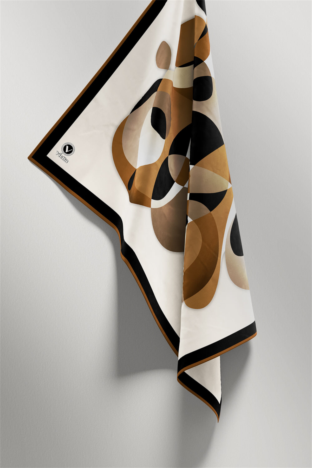 Twill Geometrik Desenli Taba Renkli 90x90 Eşarp (İpek İçermez) Kenar Dikiş Şekli El Dikişli