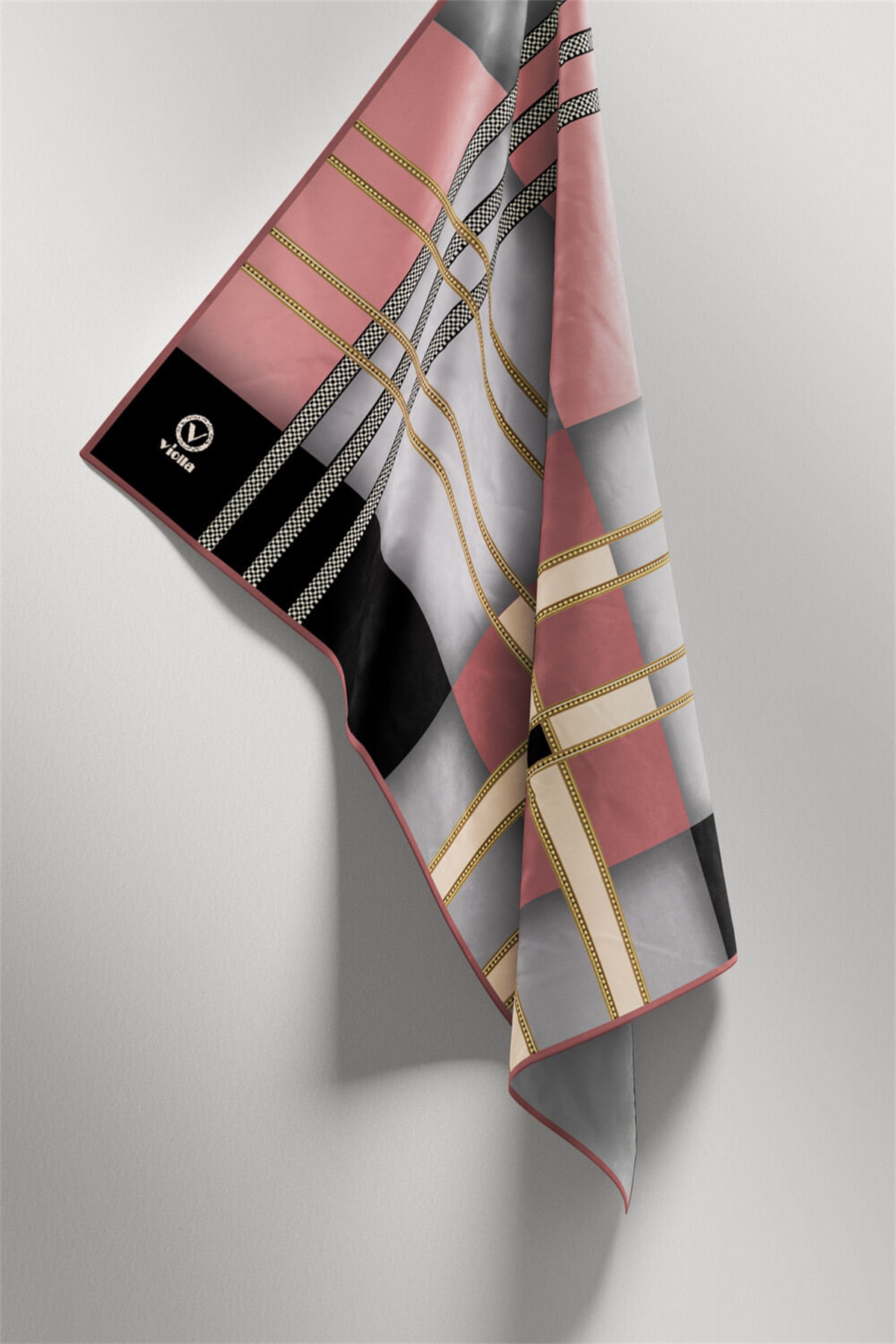 Twill Geometrik Desenli Gri - Pudra Renkli 90x90 Eşarp (İpek İçermez) Kenar Dikiş Şekli El Dikişli