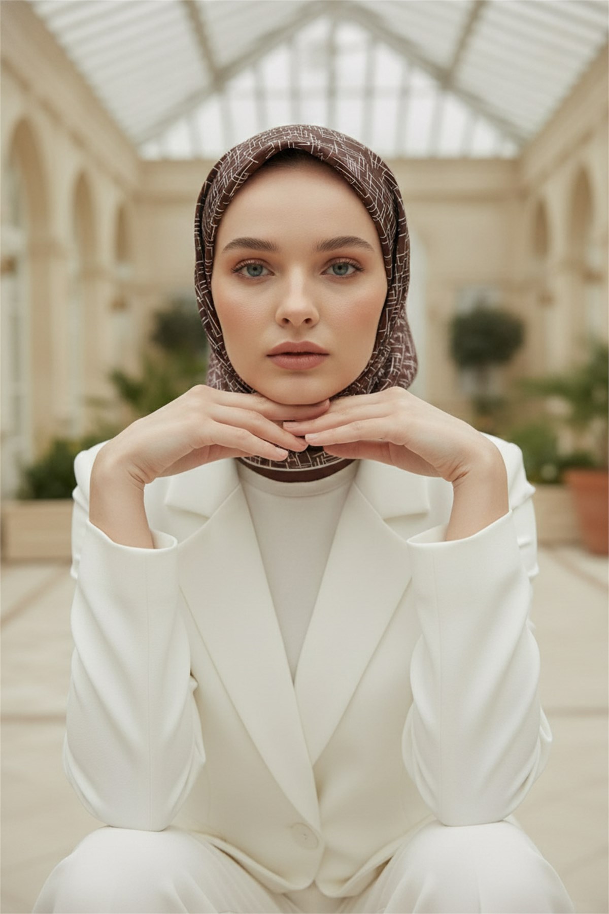 %100 Twill İpek Çizgi Desenli Kahverengi Renkli 90x90 Eşarp Dikim Şekli : El Dikişi