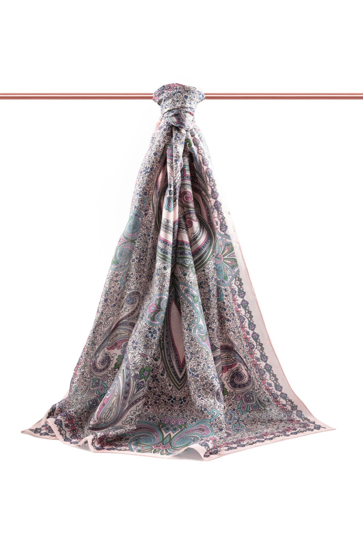 100% İpek Etro Desenli Somon - Petrol Yeşili Renkli 92x210 Şal