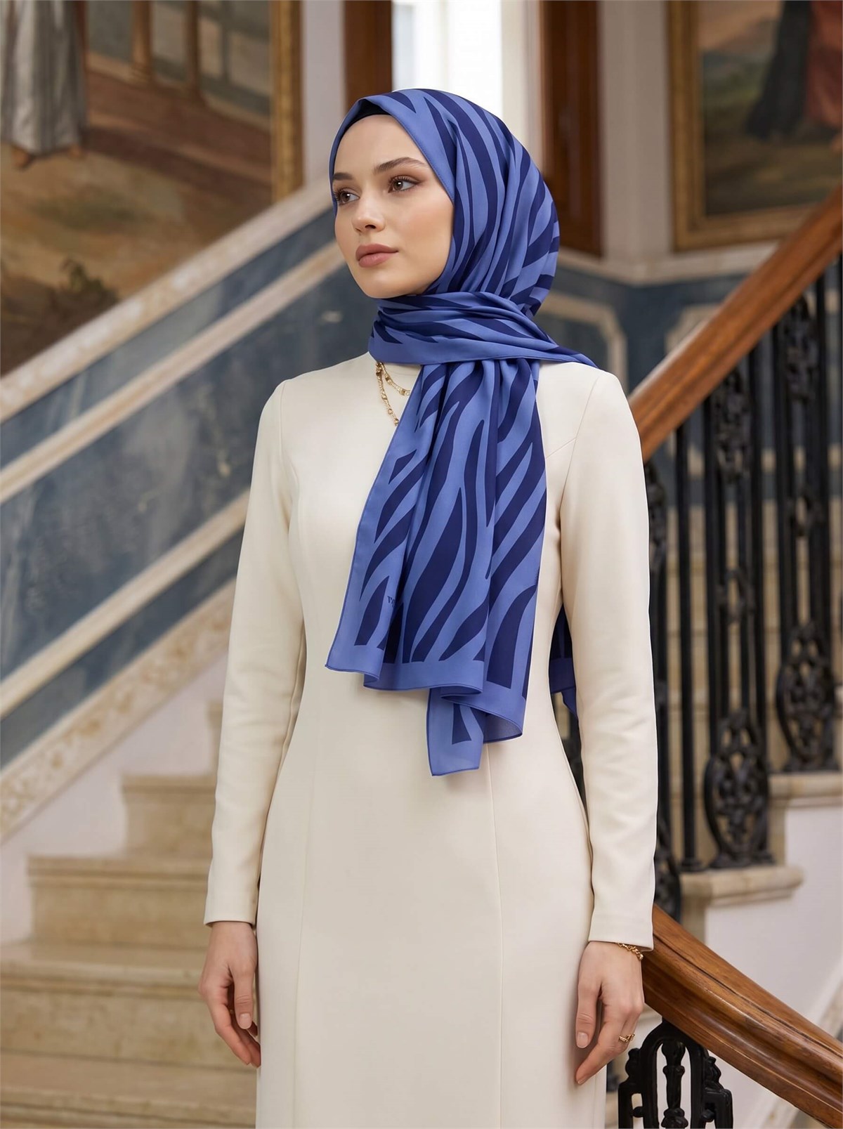 Kırışmaz Krep Şal Zebra Desenli İndigo 75x190 cm – Kolay Şekil Alan