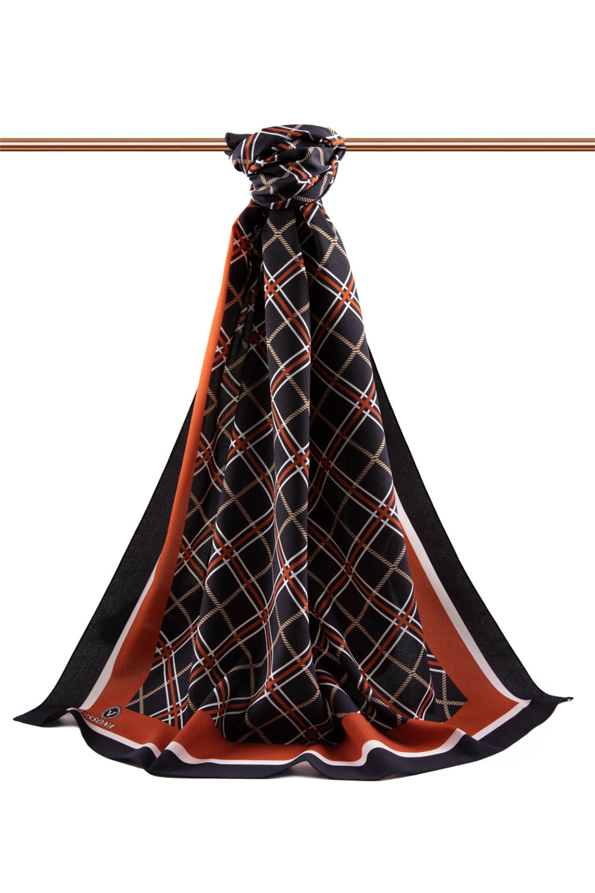 LÜKS MEDİNE İPEĞİ EKOSE DESENLİ SİYAH - BORDO RENKLİ 75X195 KIRIŞMAZ ŞAL MOSS KREP DİKİŞ TİPİ İTALYAN DİKİŞLİ