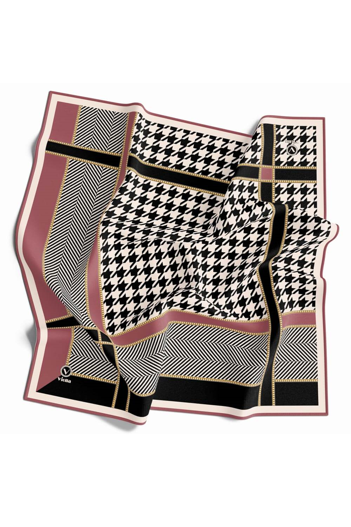 Twill Kazayağı Desenli Pudra Renkli 90x90 Eşarp (İpek İçermez) Kenar Dikiş Şekli El Dikişli