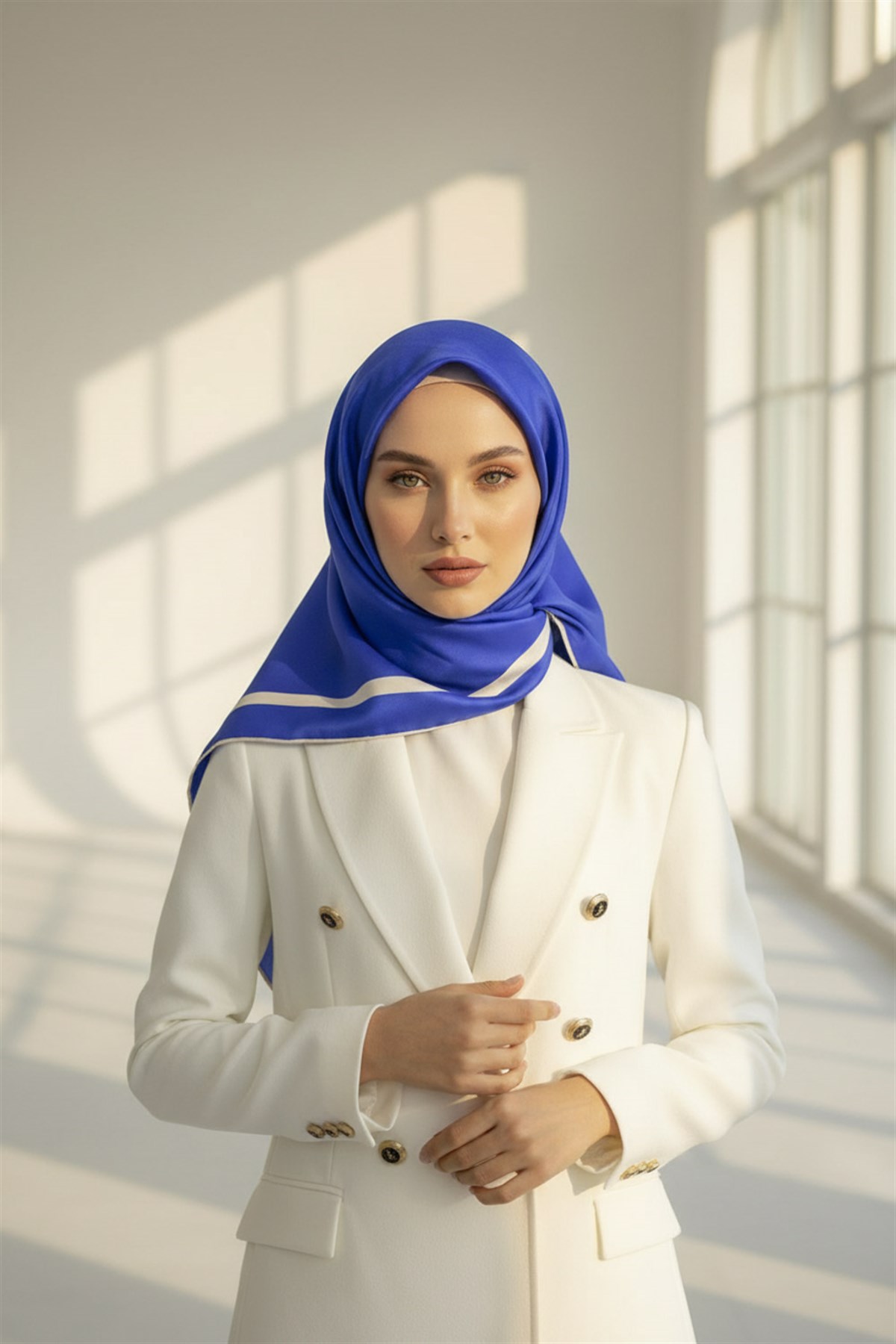 100% Twill İpek Düz Renk Bordür Desenli Saks - Krem Renkli Daha Tok Exclusive Serisi 90x90 Dikim Şekli : El Dikişi Eşarp