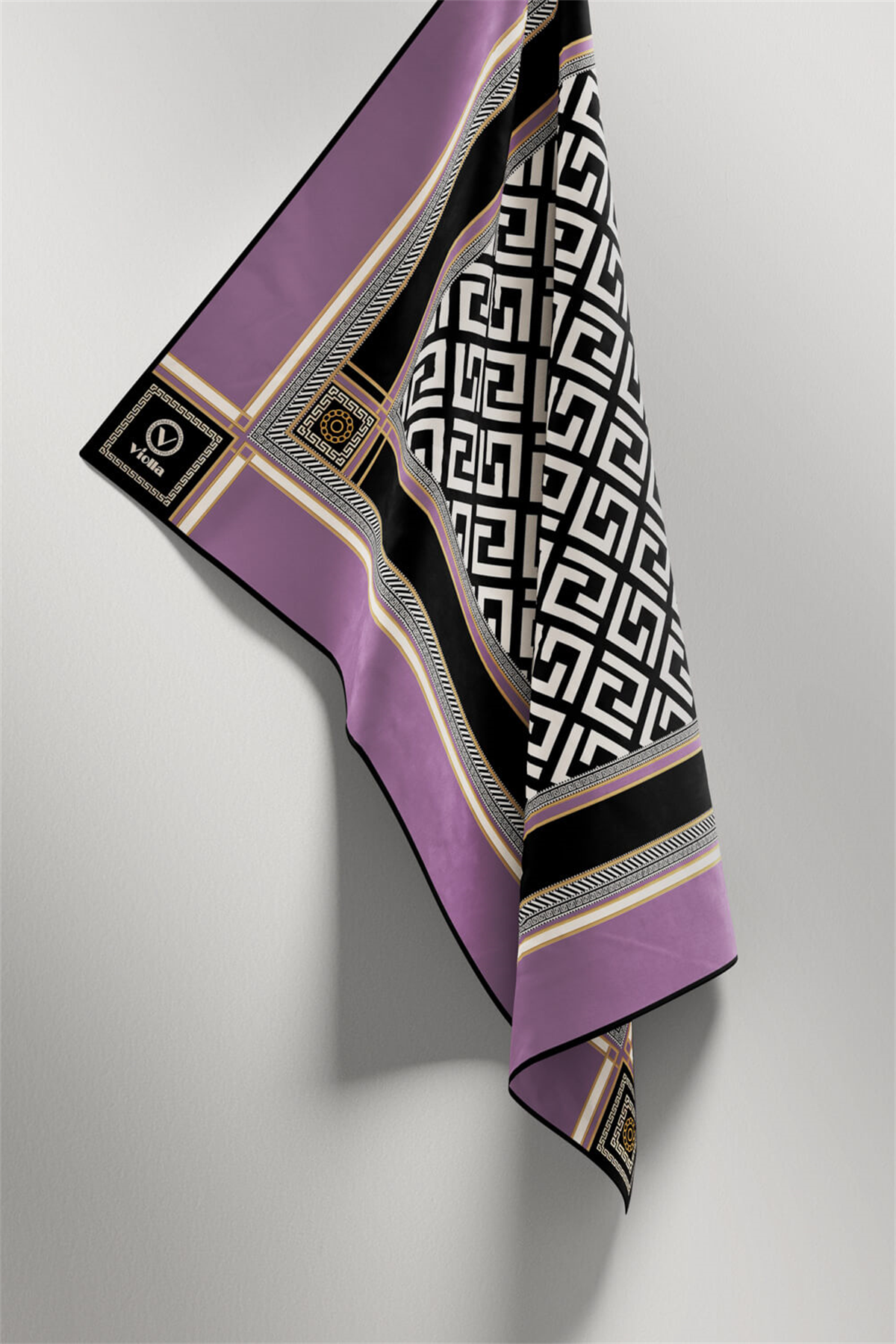 Twill Antik Desenli Lila Renkli 90x90 Eşarp (İpek İçermez) Kenar Dikiş Şekli El Dikişli