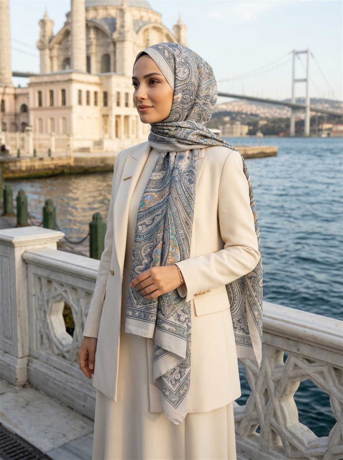 %100 İpek Etro Desenli Gri Renkli 92x210 Şal