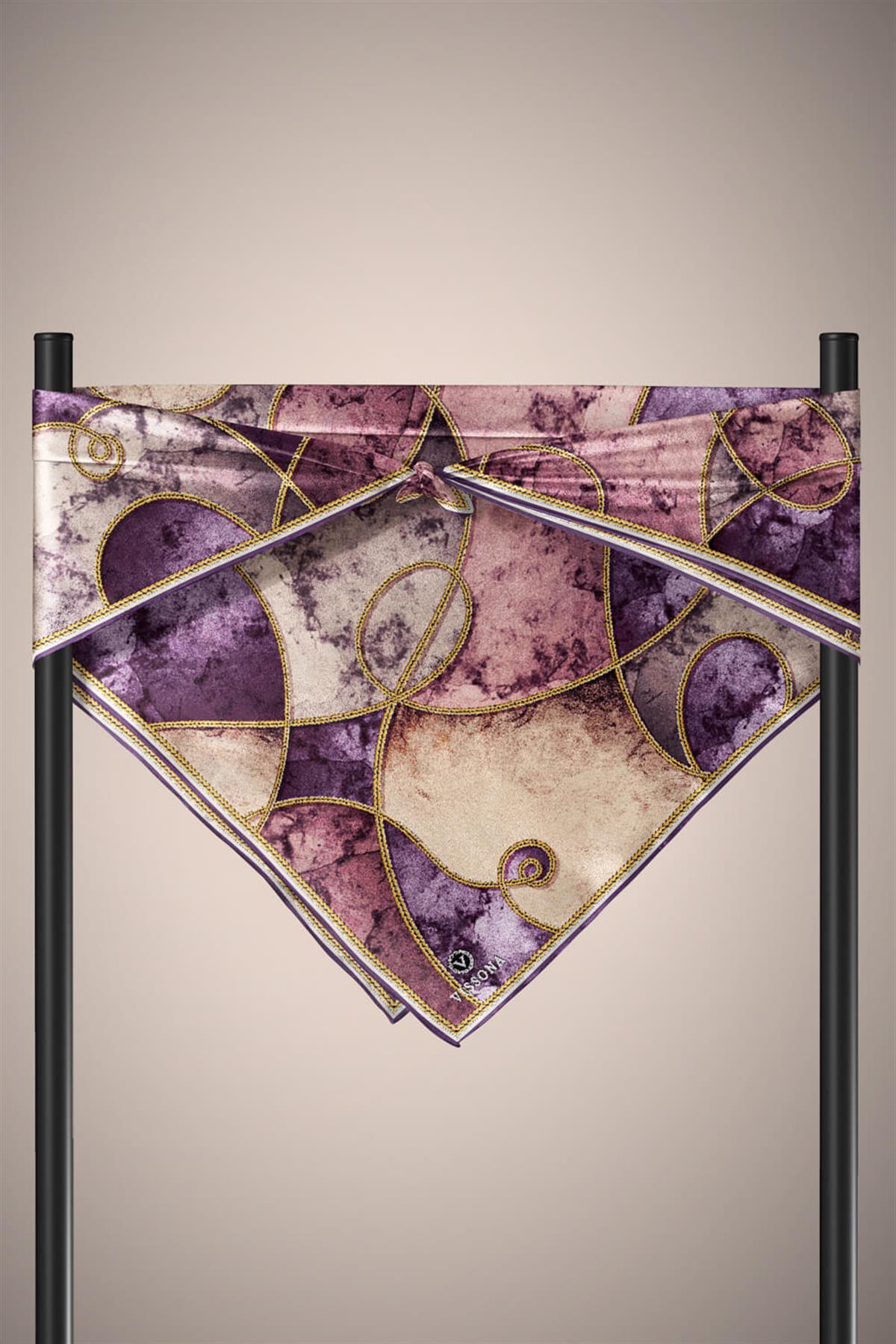 %100 Twill İpek Zincirli Mermer Desenli Mor - Pudra Renkli 90x90 Eşarp Dikim Şekli : El Dikişi