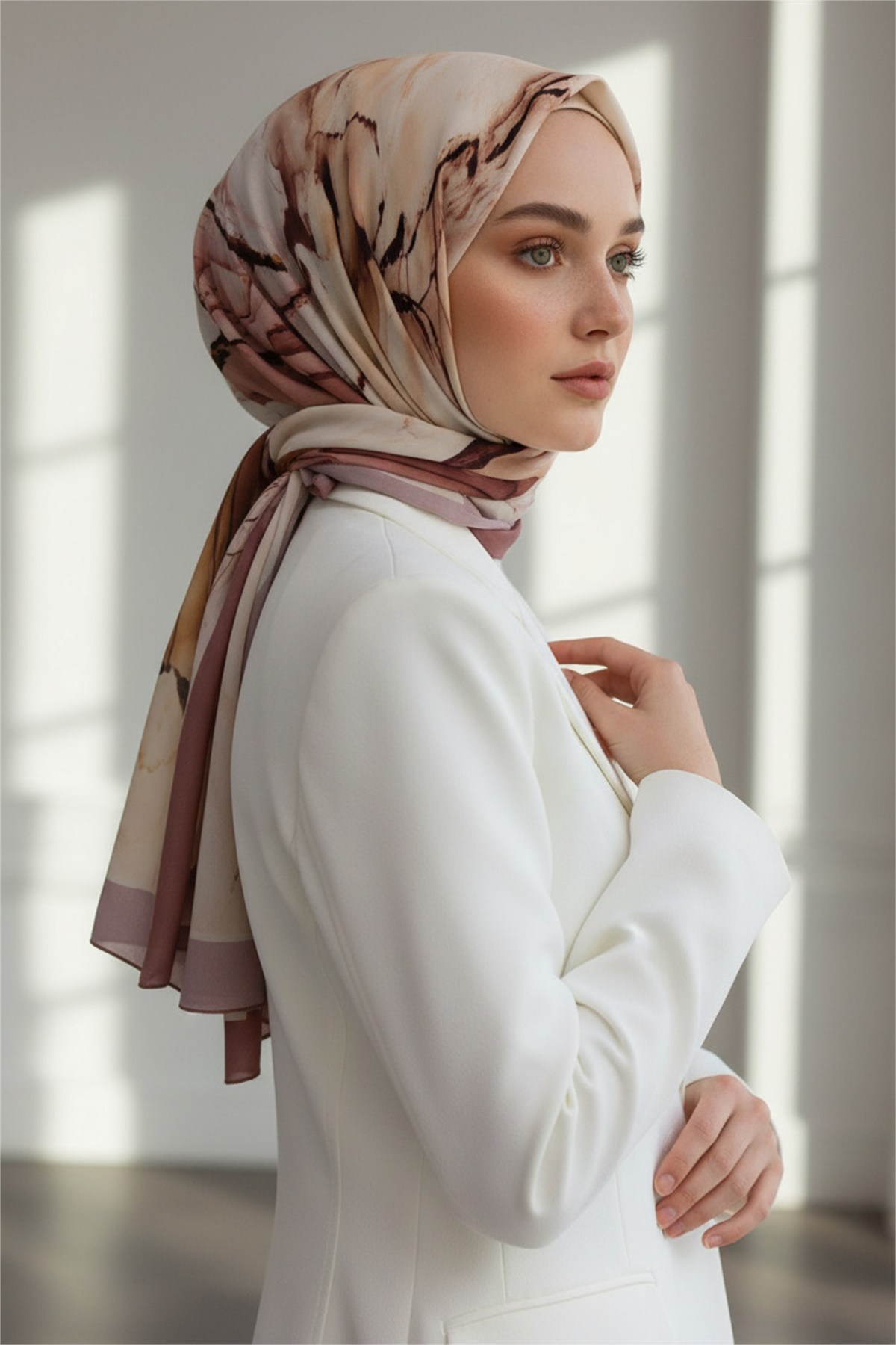 KREP BATİK DESENLİ PUDRA RENKLİ 75X195 KIRIŞMAZ ŞAL