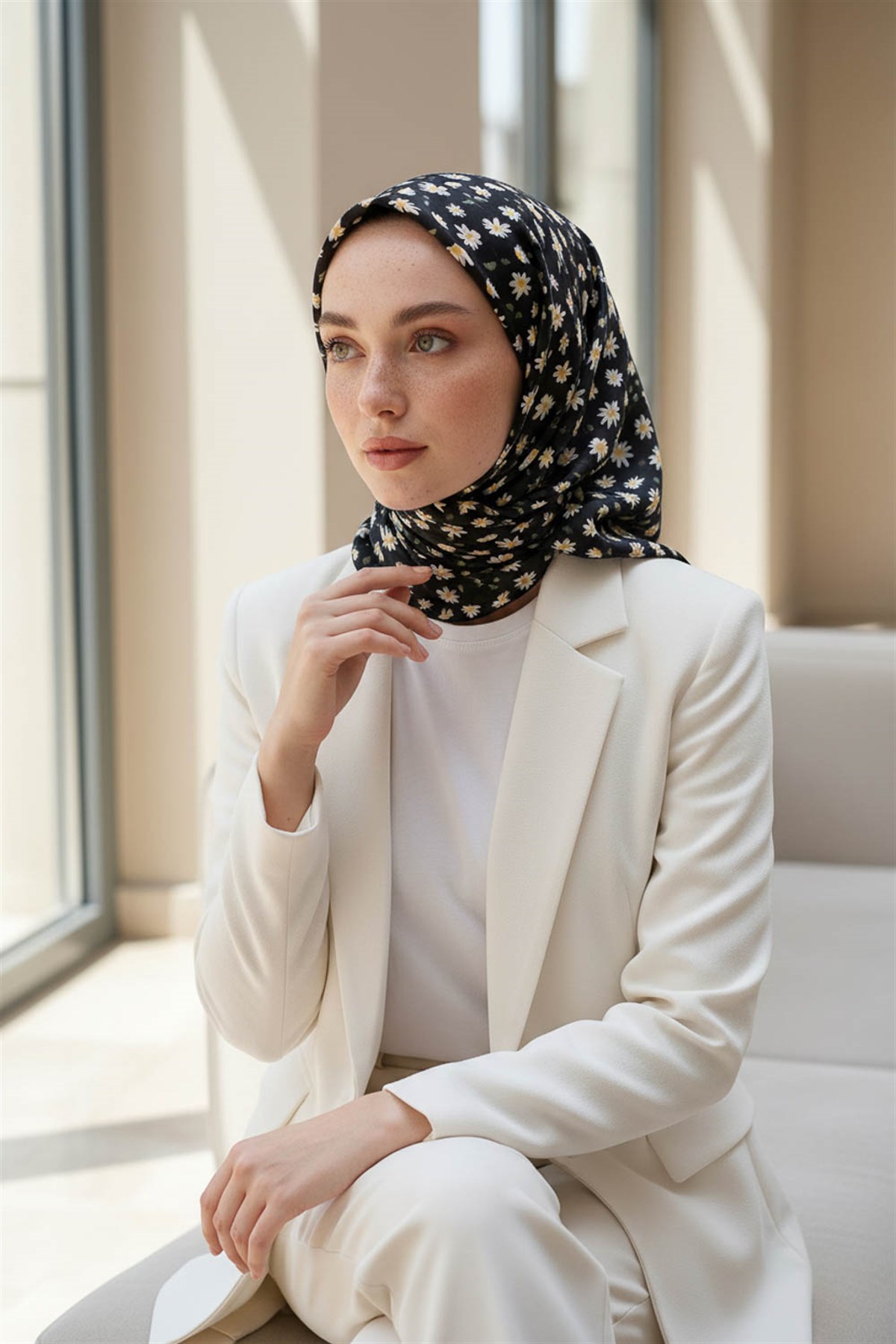 %100 Twill İpek Papatya Desenli Siyah Renkli 90x90 Eşarp Dikim Şekli : El Dikişi