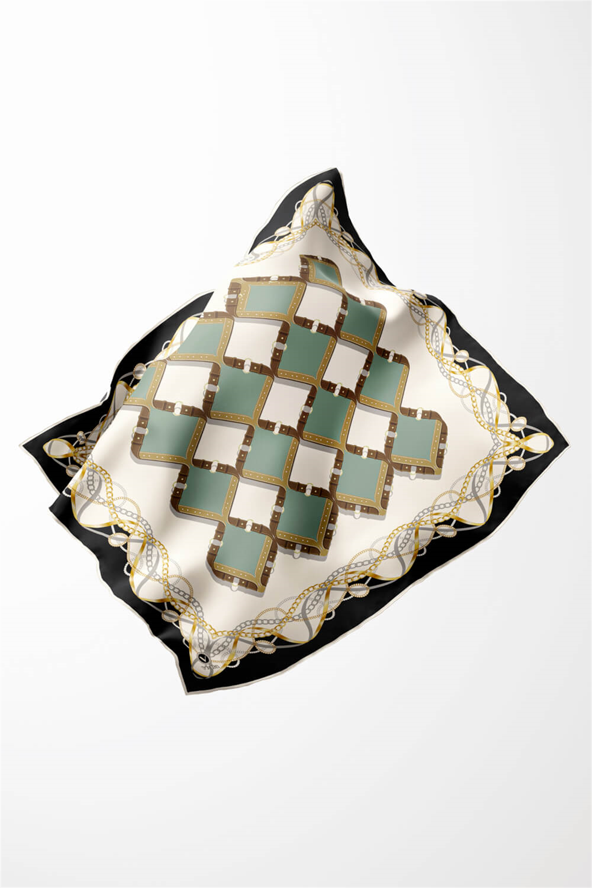 Twill Kemer Ve Zincir Desenli Koyu Mint Yeşiili Renkli 90x90 Eşarp (İpek İçermez) Kenar Dikiş Şekli El Dikişli