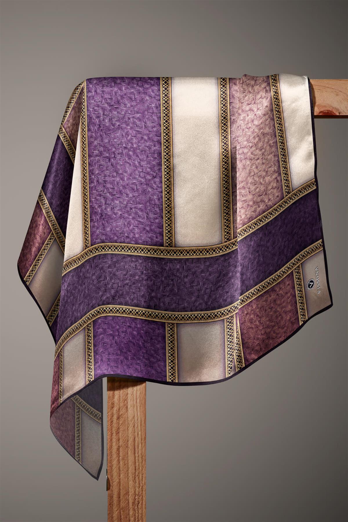 %100 Twill İpek Dokulu Ve Şerit Desenli Mor - Somon Renkli 90x90 Eşarp Dikim Şekli : El Dikişi