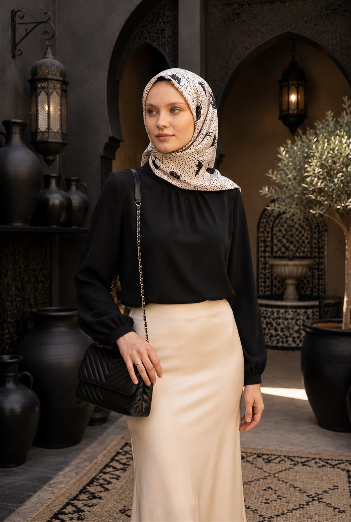 %100 Twill İpek Çıtır Çiçek Desenli Krem - Siyah Renkli 90x90 Eşarp Dikim Şekli : El Dikişi