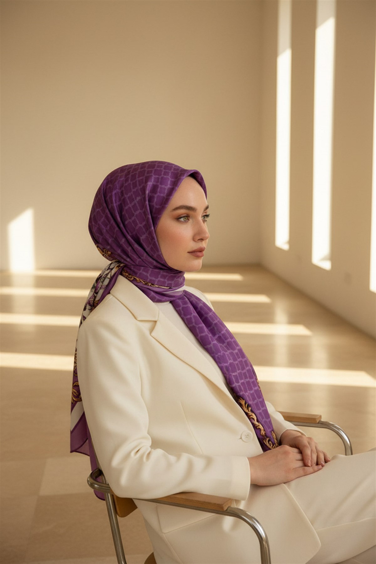 %100 Saf İpek Şal İnce Saten Vual Dokuma Dokuma Çiçek Desenli Mor - Lila Renkli 90x210 Şal
