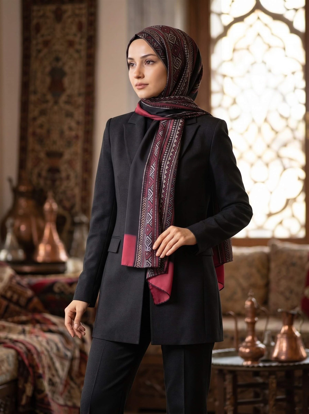%100 İPEK ETNİK DESENLİ SİYAH - BORDO RENKLİ ŞAL
