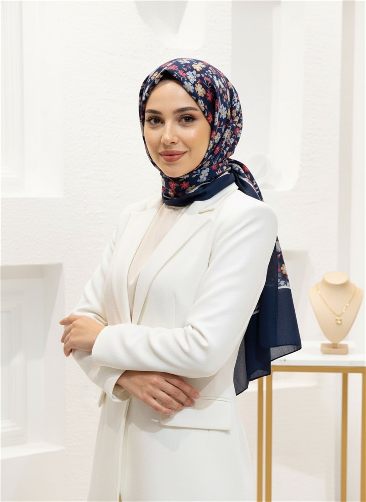 %100 Saf İpek Şal İnce Saten Vual Dokuma Çıtır Çiçek Desenli Lacivert Renkli 90x210 Şal