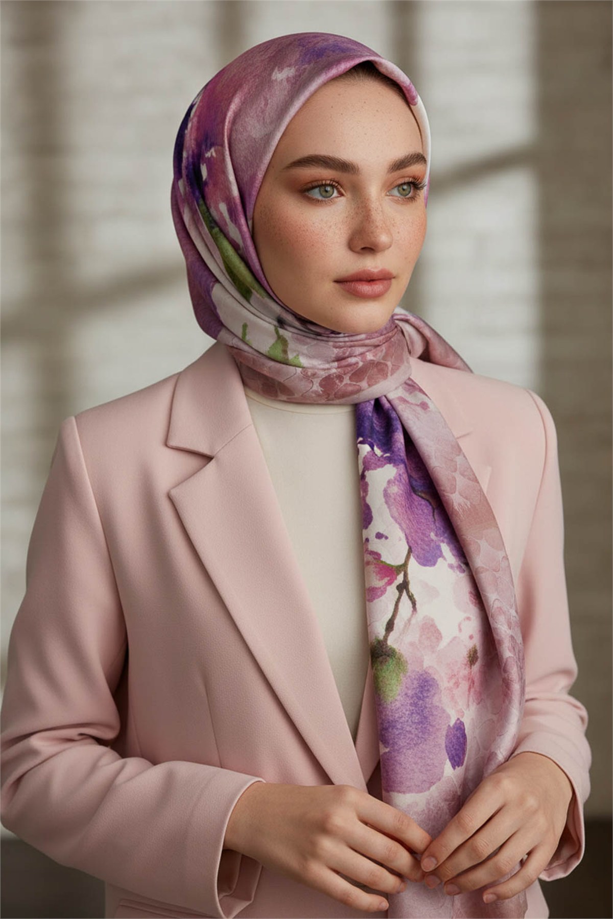 KREP SULU BOYA ÇİÇEK DESENLİ SOMON RENKLİ 75X195 KIRIŞMAZ ŞAL