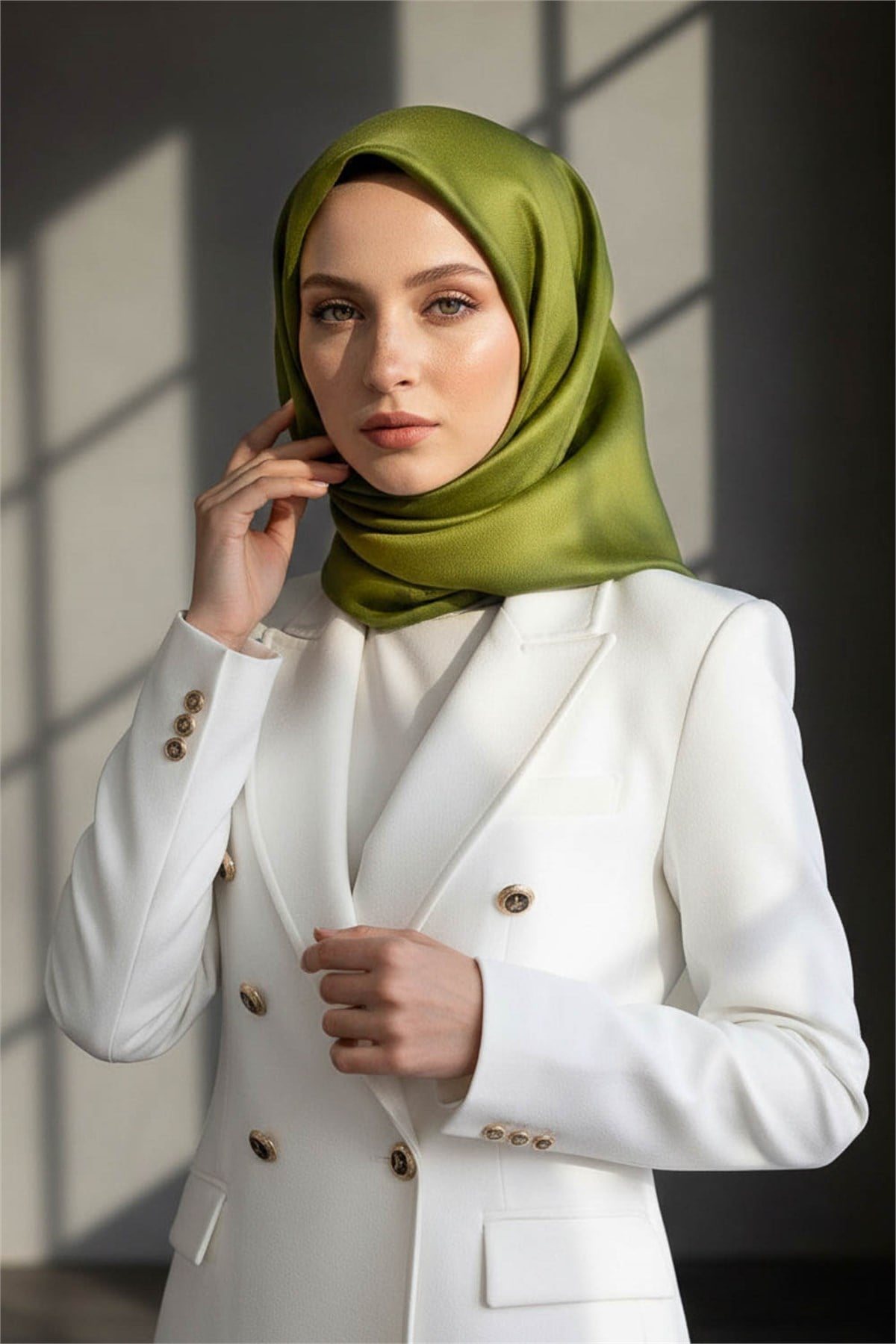 %100 Twill İpek Eşarp 90x90 Küf Yeşili Düz Desenli Daha Tok Exclusive Serisi El Dikişli Kadın Eşarp