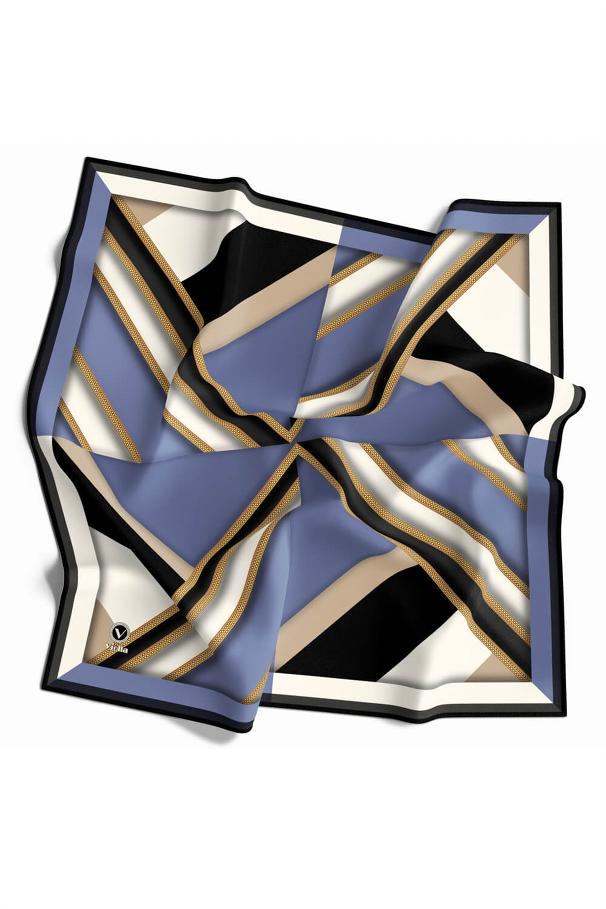 Twill Geometrik Desenli İndigo Renkli 90x90 Eşarp (İpek İçermez) Dikim Şekli : El Dikişi