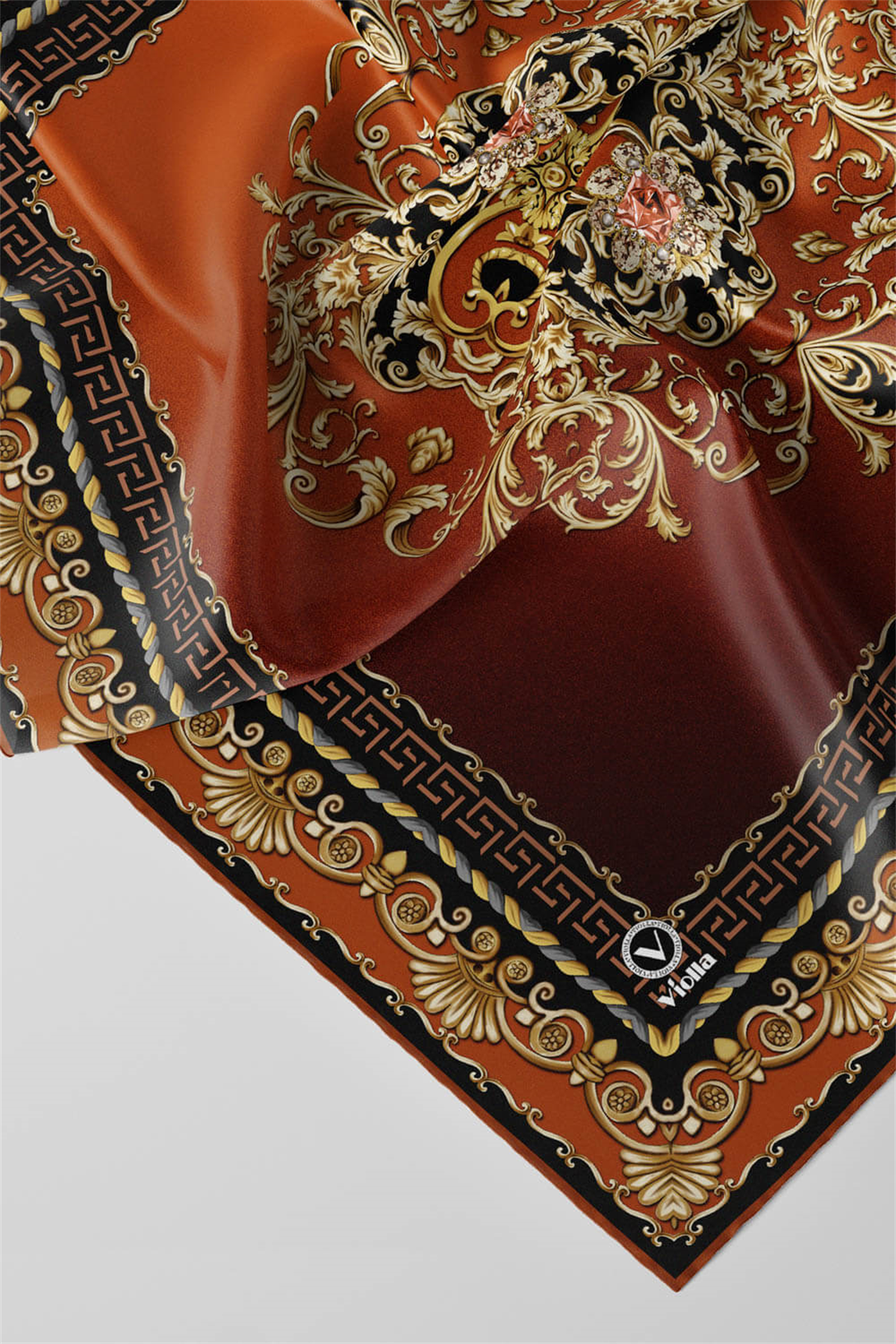 Twill Barok Desenli Siyah - Taba Renkli 90x90 Eşarp (İpek İçermez) Dikim Şekli : El Dikişi