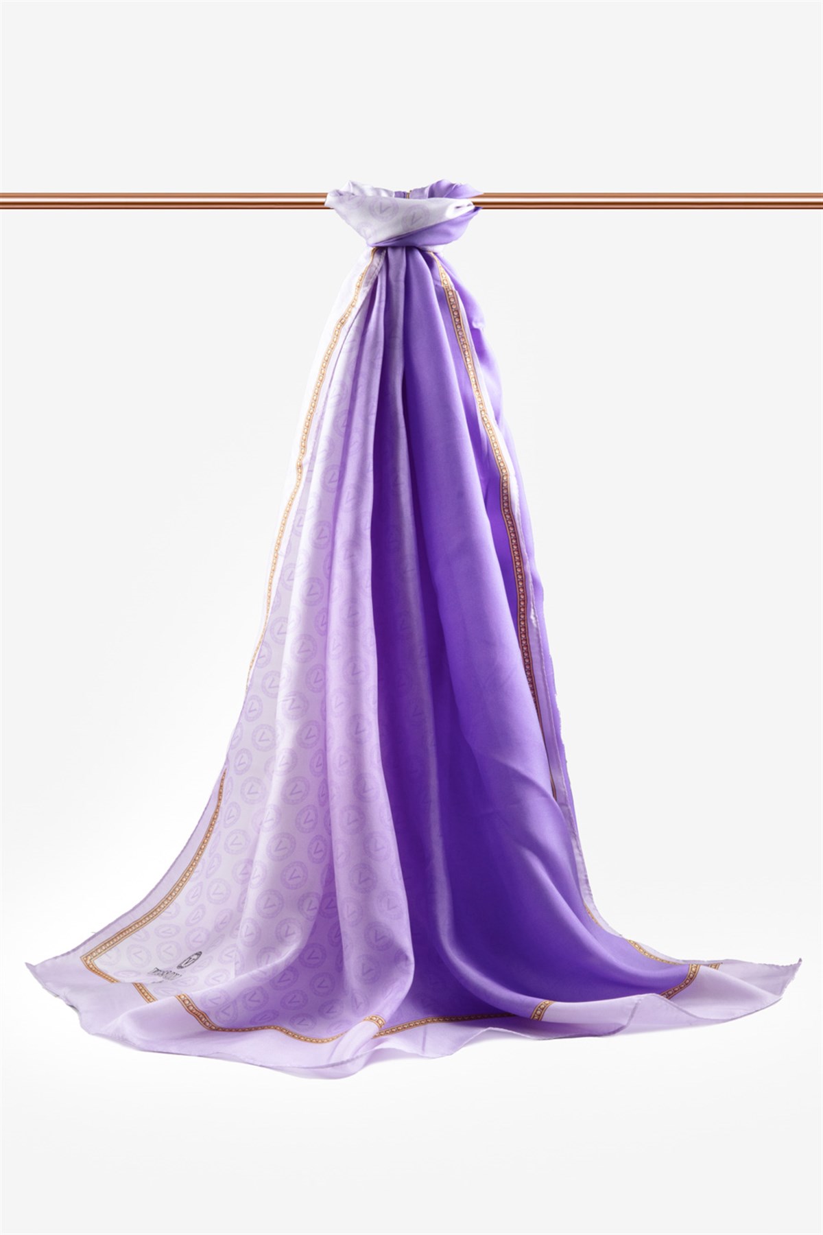 %100 İpek Degradeli Ve Monogram Desenli Lila - Gold Renkli 92x210 Şal