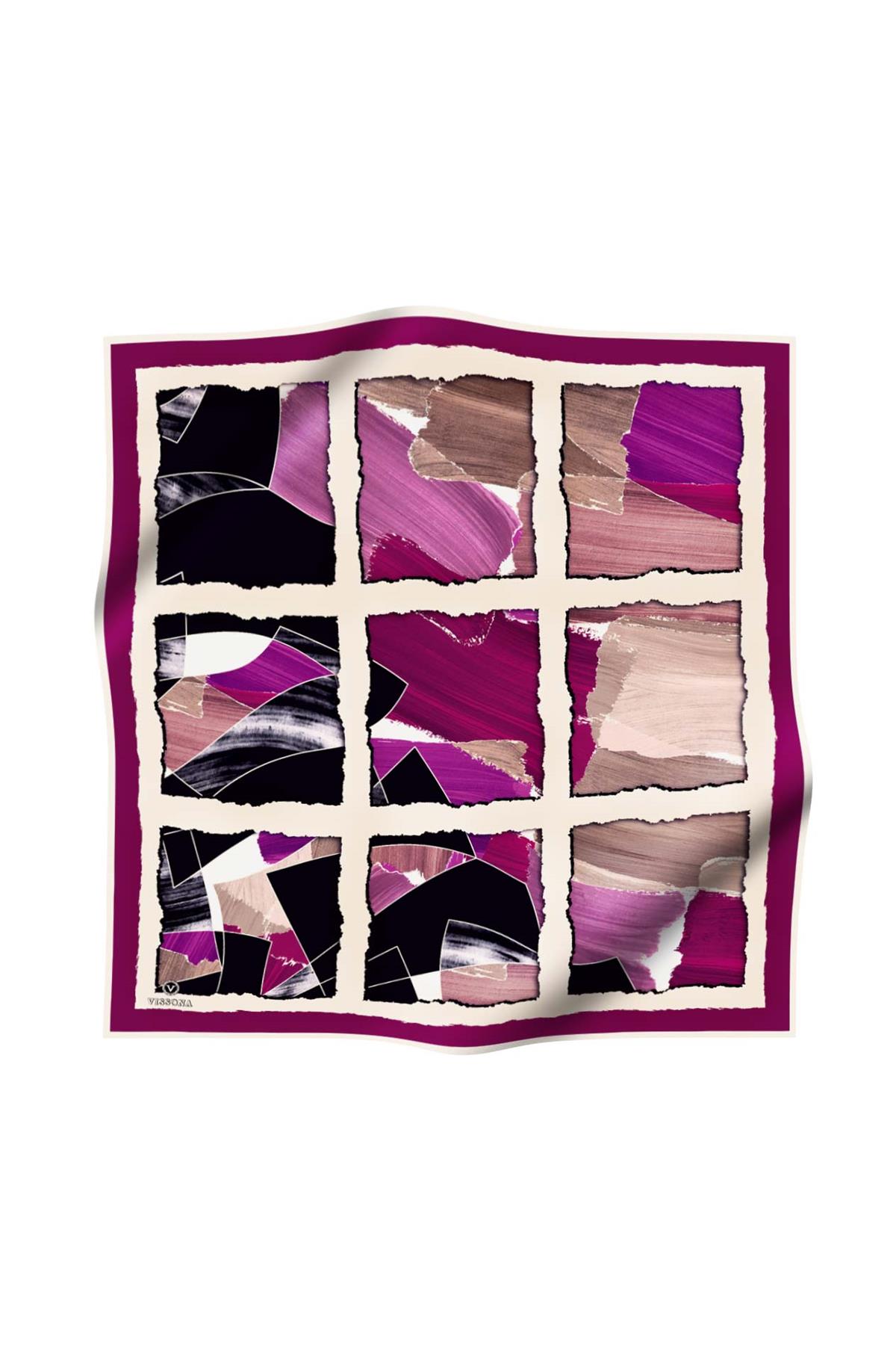 %100 Twill İpek Geometrik Desenli Mürdüm - Somon Renkli 90x90 Eşarp Dikim Şekli : El Dikişi